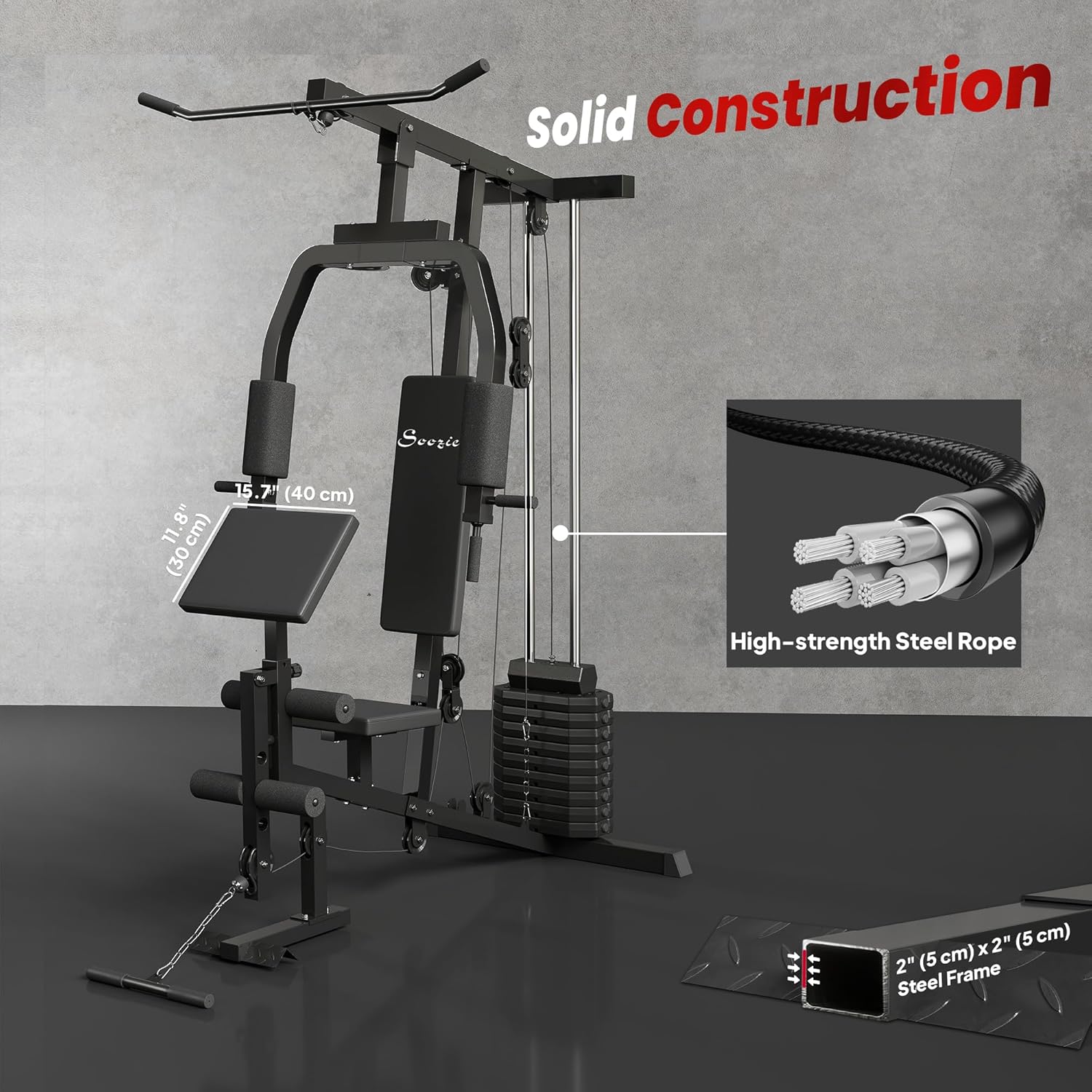 Solid construction details of the Soozier home gym, showing steel frame and high-strength steel rope.