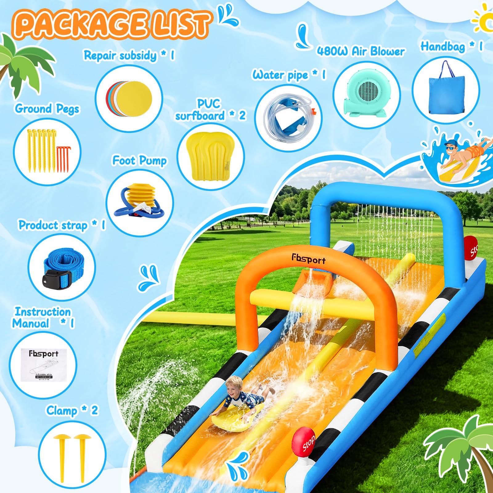 FBSPORT 10M Aufblasbare Wasserbahn | Wasser Hüpfburg Outdoor mit Doppelte Rennbahn, Rasen Wasserrutsche mit Sprinklern & 2 Bodyboards, Wasserpark Kinder Garten