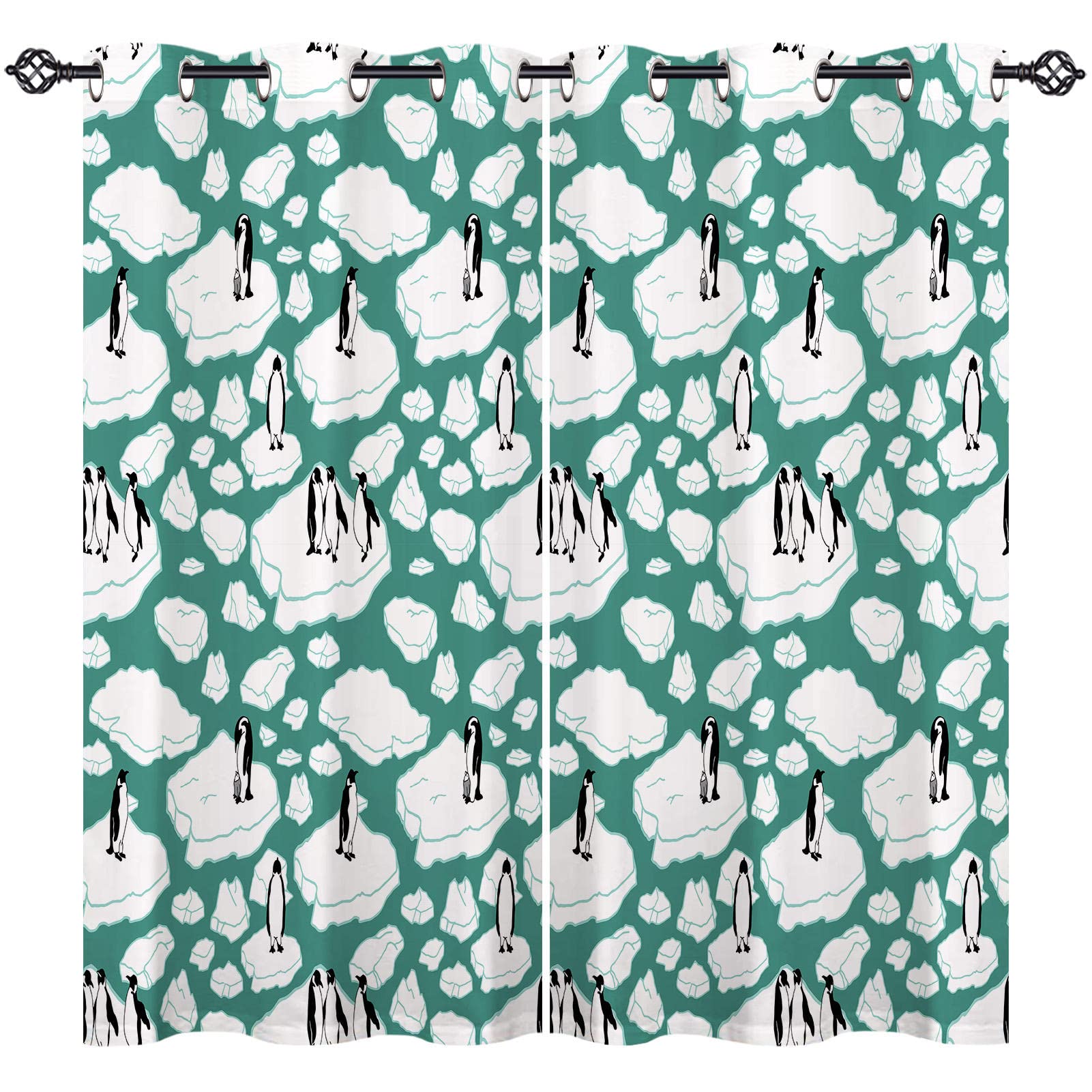 ANHOPE Penguin Curtains Eyelet 80% Blackout Room Darkening Curtains with Animal Penguin Ocean Sea Ice Print Pattern Light Blocking Window Drapes for Bedroom Living Room 46 x 54 Inch Drop 2 Panels