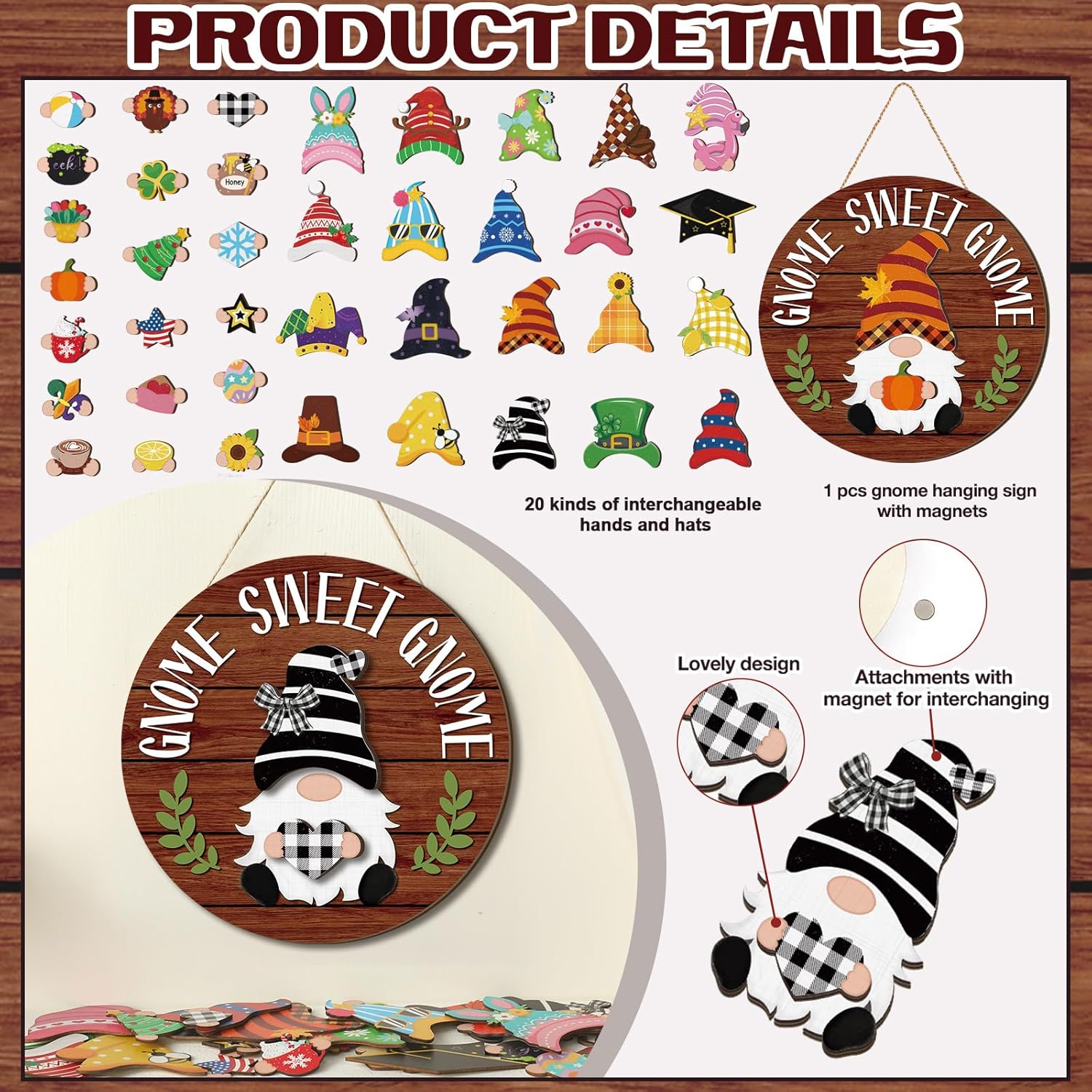 Wenqik 41 Pcs Interchangeable Sweet Gnome Signs Holiday Wooden Seasonal Gnome Decor Detachable Magnet Hat and Hand Welcome Sign for Home Decoration(Farmhouse,Dark Brown) - Image 5