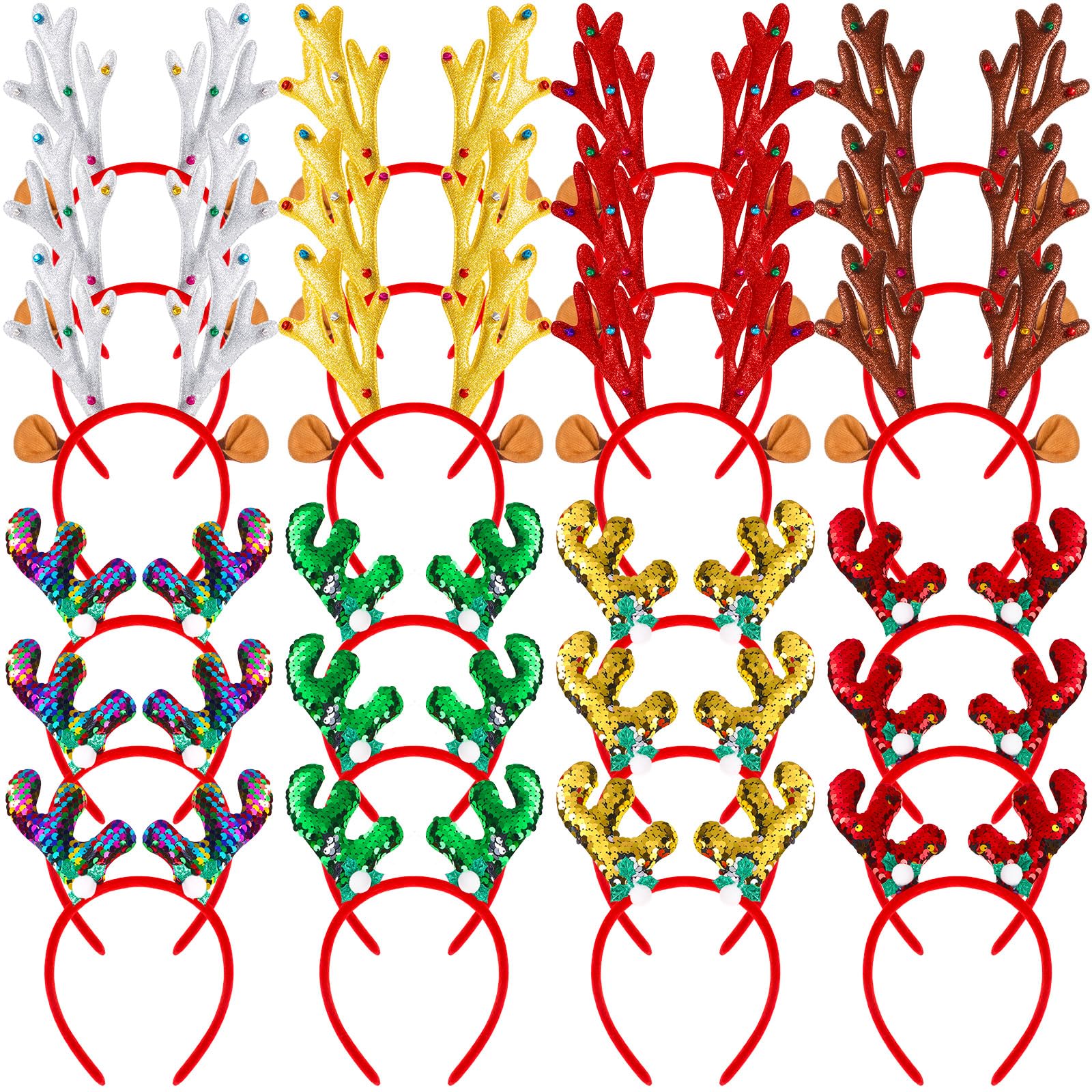 Wettarn 48 Pcs Christmas Reindeer Headbands,Antler Costume Headwears Bulk Shiny Head Topper with Sequin for Christmas Party Favors,8 Styles (Chic)