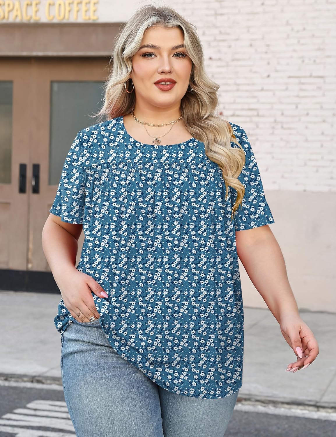 Micoson Womens Plus Size Tops Short Sleeve Dressy Chiffon Blouses Crewneck Shirts Loose Flowy Pleated Tunic - Image 2