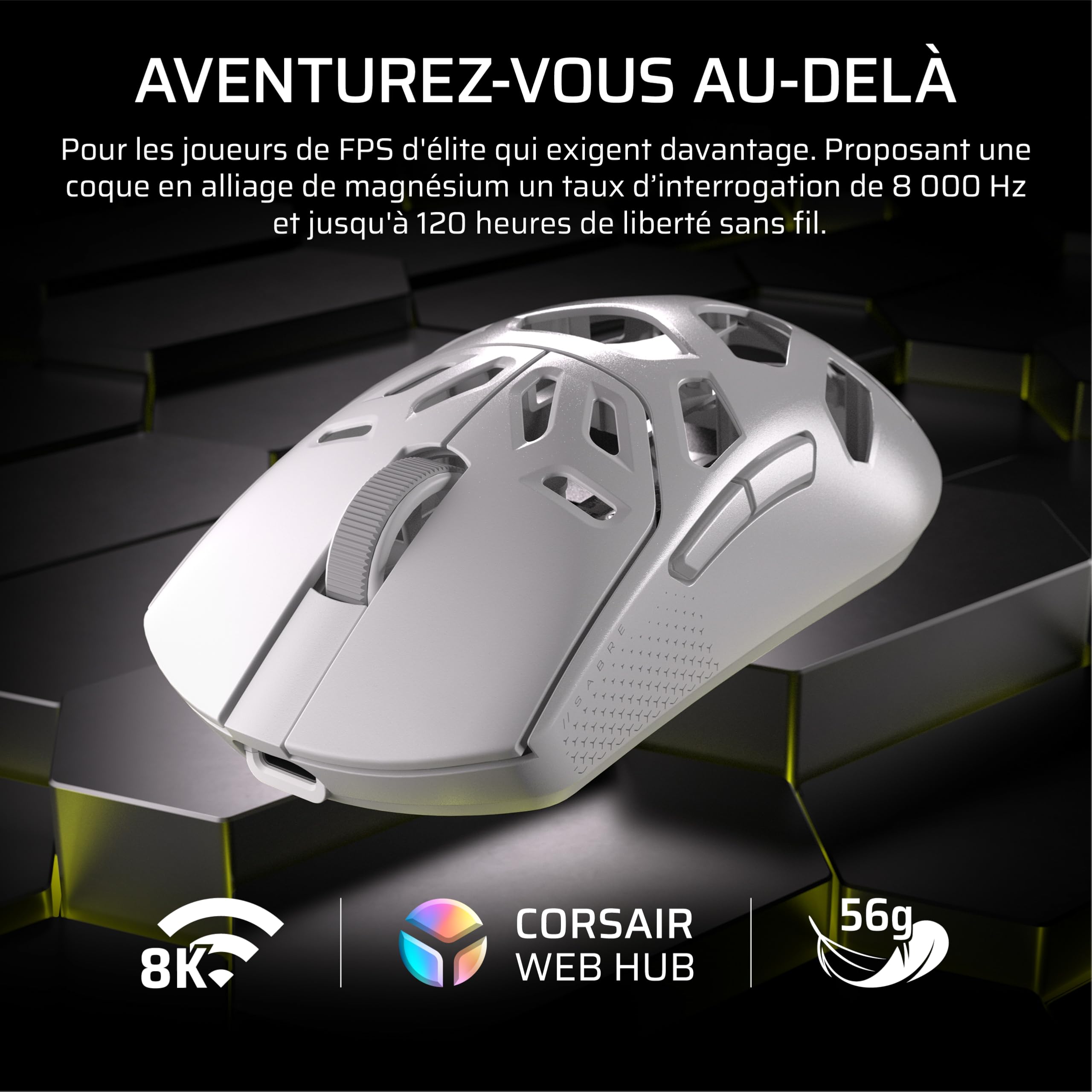 Corsair Sabre v2 Pro MG sans Fil Souris Gaming, 33 000 DPI – Blanc | D’Interrogation de 8 000 Hz, Coque en Alliage de Magnésium de 56 g, Jusqu'à 170 Heures D'autonomie de la Batterie, Web Hub