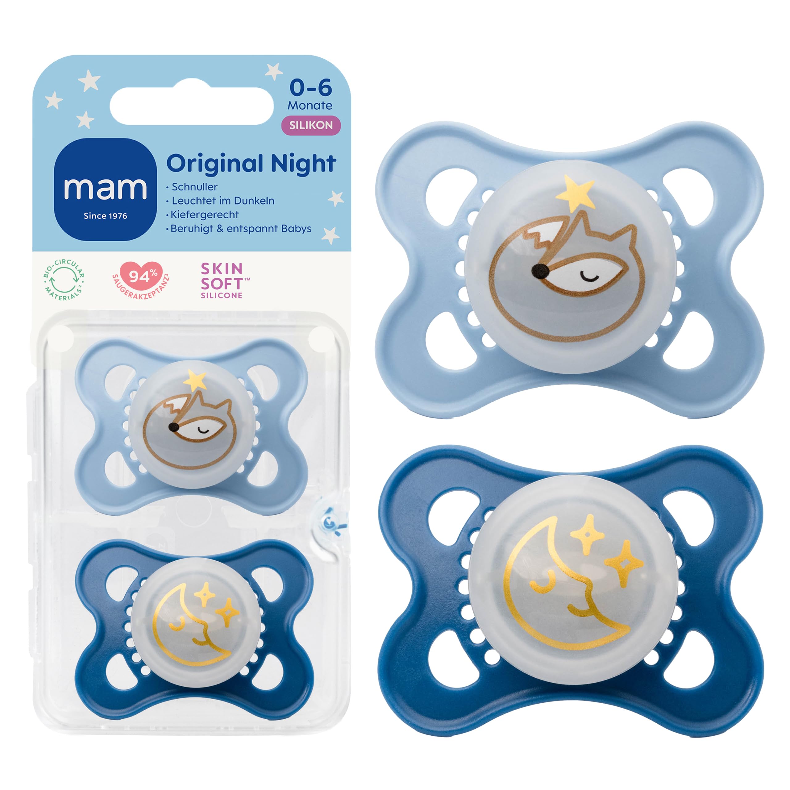 MAM Original Night Schnuller, 0-6 Monate, Fuchs/Mond, 2 Stück