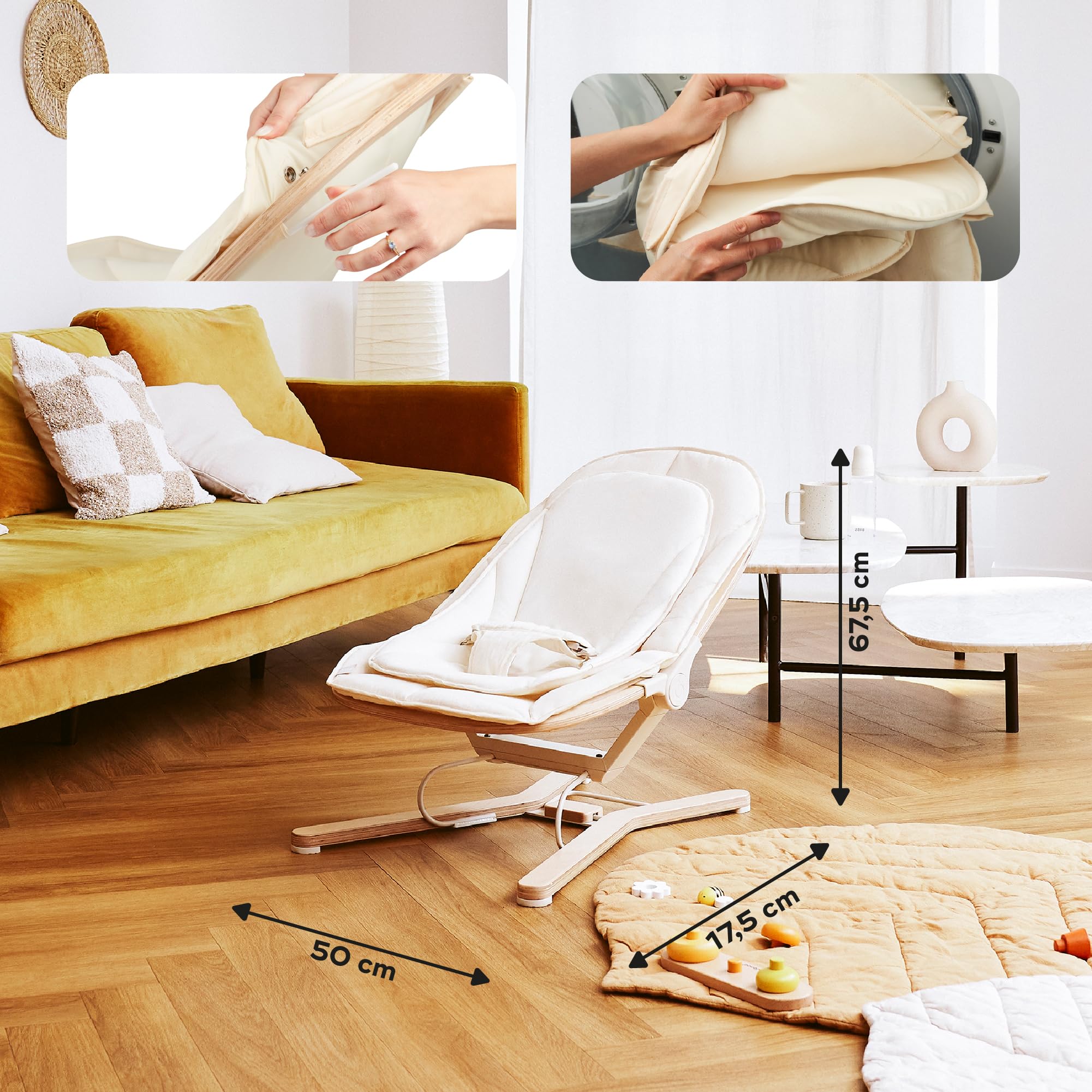 Babymoov Transat Bébé Bois Swoon Flow - Dès la Naissance - Évolutif en Fauteuil Enfant Jusqu'à 18kg - Balancement Naturel - 3 Positions Dossier - Coton Bio & Bois FSC
