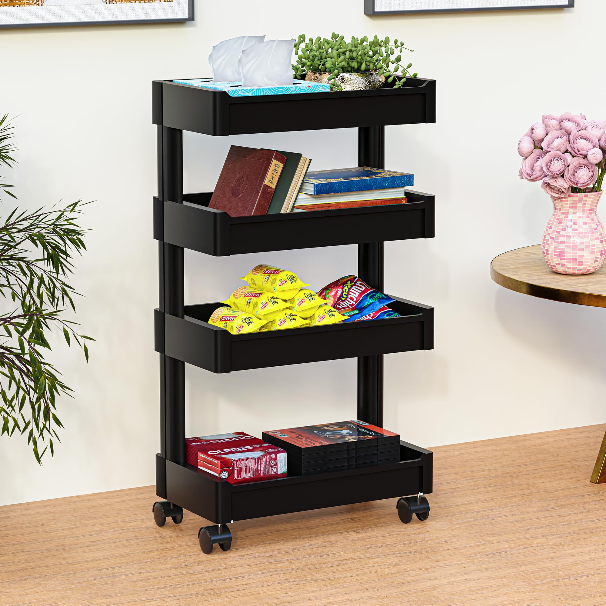 Kuber Industries 4-Layer Plastic Stackable Rack for Storage Multipurpose with Wheels | Moveable Basket & Book Shelf for Kids Room | Portable Side Rack for Living Room, Study Room & Office | Black-image-16