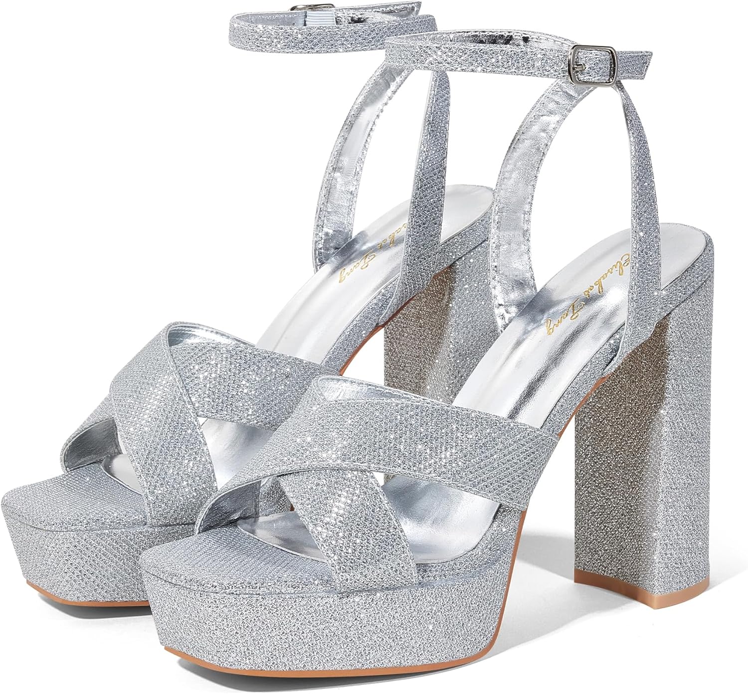 Elisabet Tang Platform Chunky High Heels Sandals for Women,4.7 inch Strappy Square Open Toe Block Heels Sexy Ankle Strap Thick Heeled Sandals Daily Wedding Party Dress Shoes 8 Silver Glitter