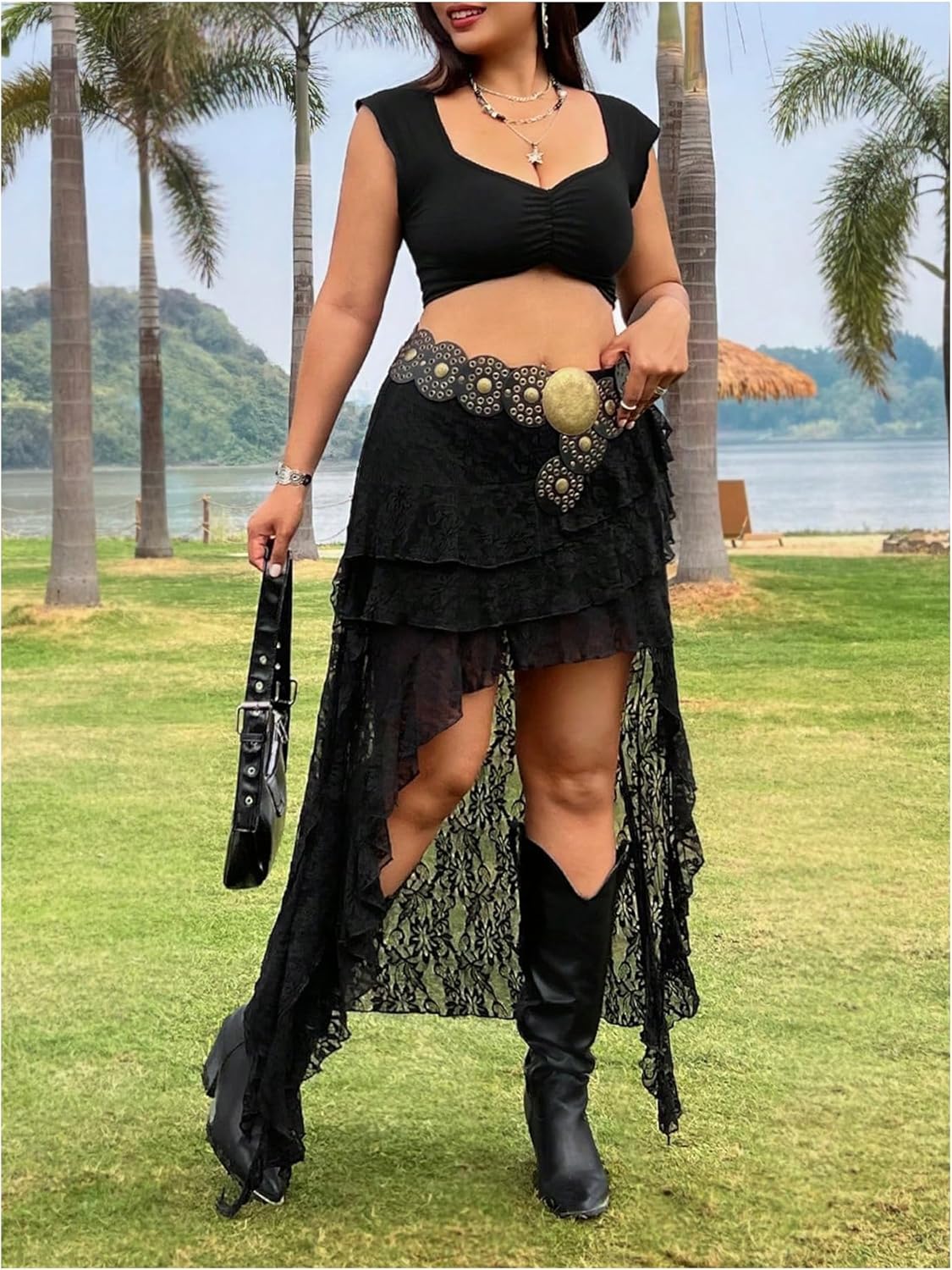 Verdusa Women's Plus Size Lace Tiered Layered High Low Skirts A Line Ruffle Skirt Boho Outfits Trendy - Image 5