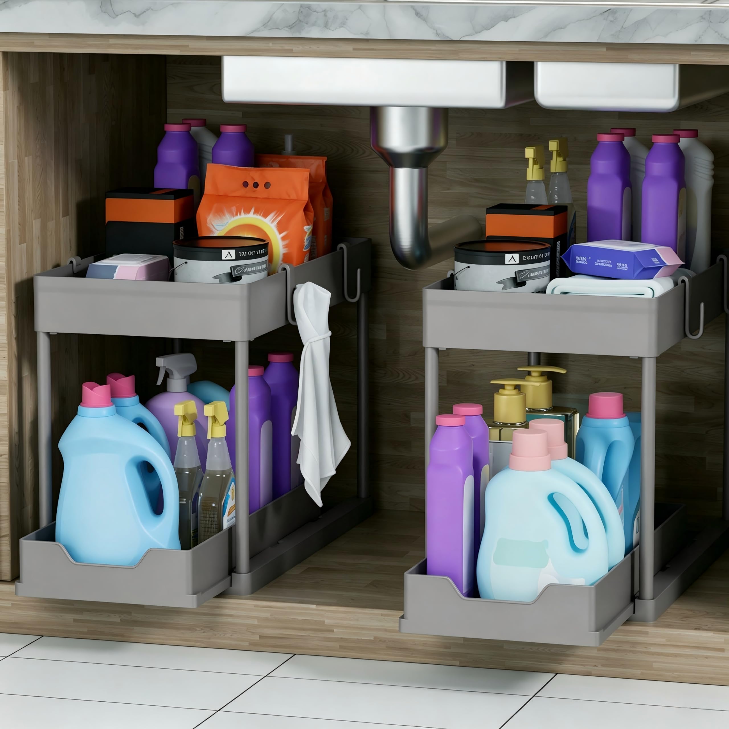DEKAVA Organizador para debajo del fregadero y armario de baño, cajón de 2 niveles, cajón deslizante, cestas coleccionables multifuncionales para baño (gris)