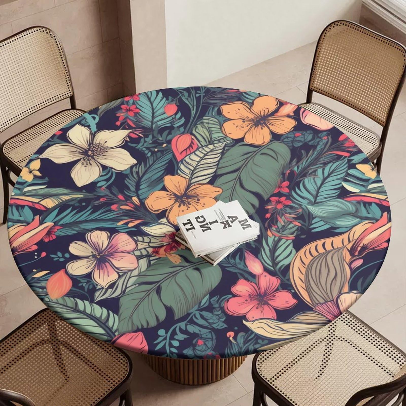 Nappe ronde élastique imperméable et lavable pour table de jardin