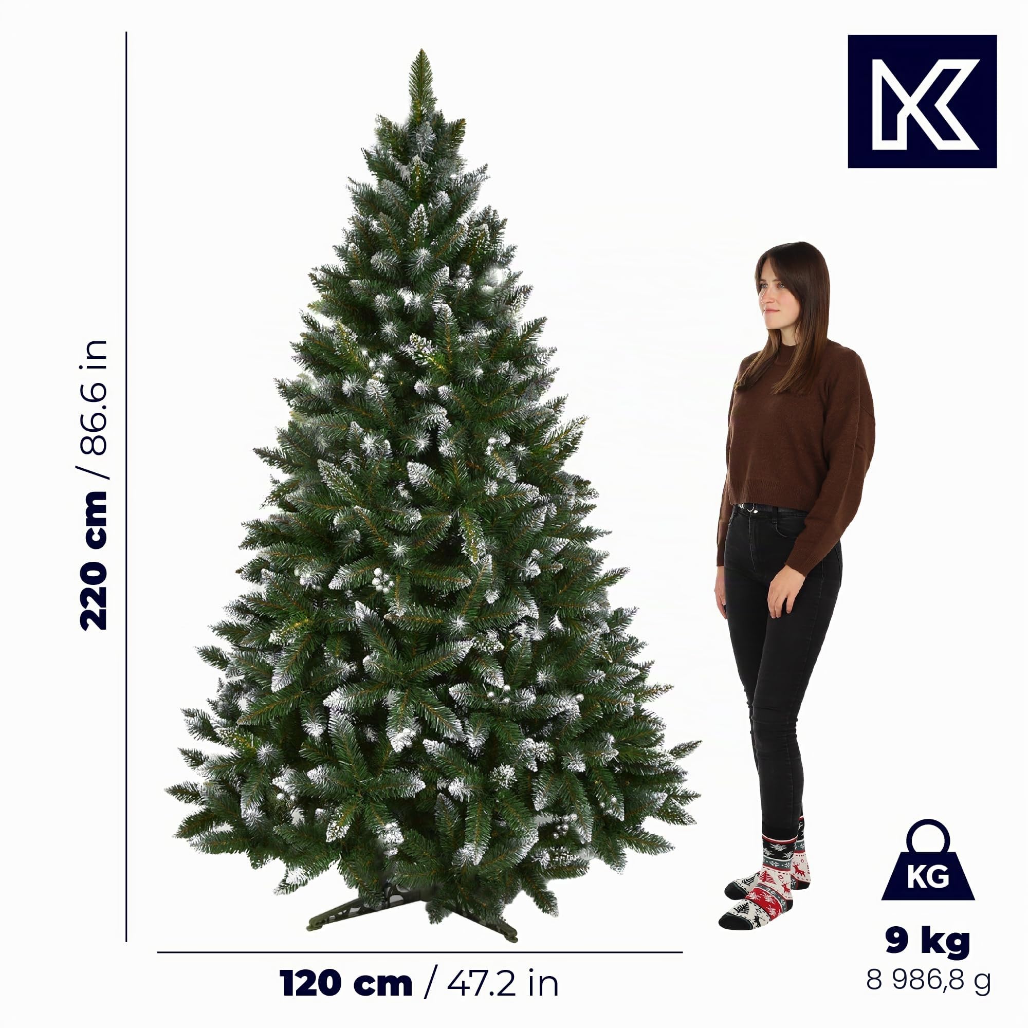 KADAX Sapin de Noël 220 en Film PVC, Pin de Diamant avec Billes argentées et Pneu de Givre, Sapin de Noël Artificiel avec 535 Branches, Sapin avec Support en Plastique Ø env. 110 cm