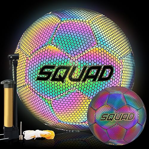SQUAD Balón de fútbol holográfico reflectante tamaño 5  Pelota reflectante brillante para juegos nocturnos y entrenamiento  Cuero sintético duradero
