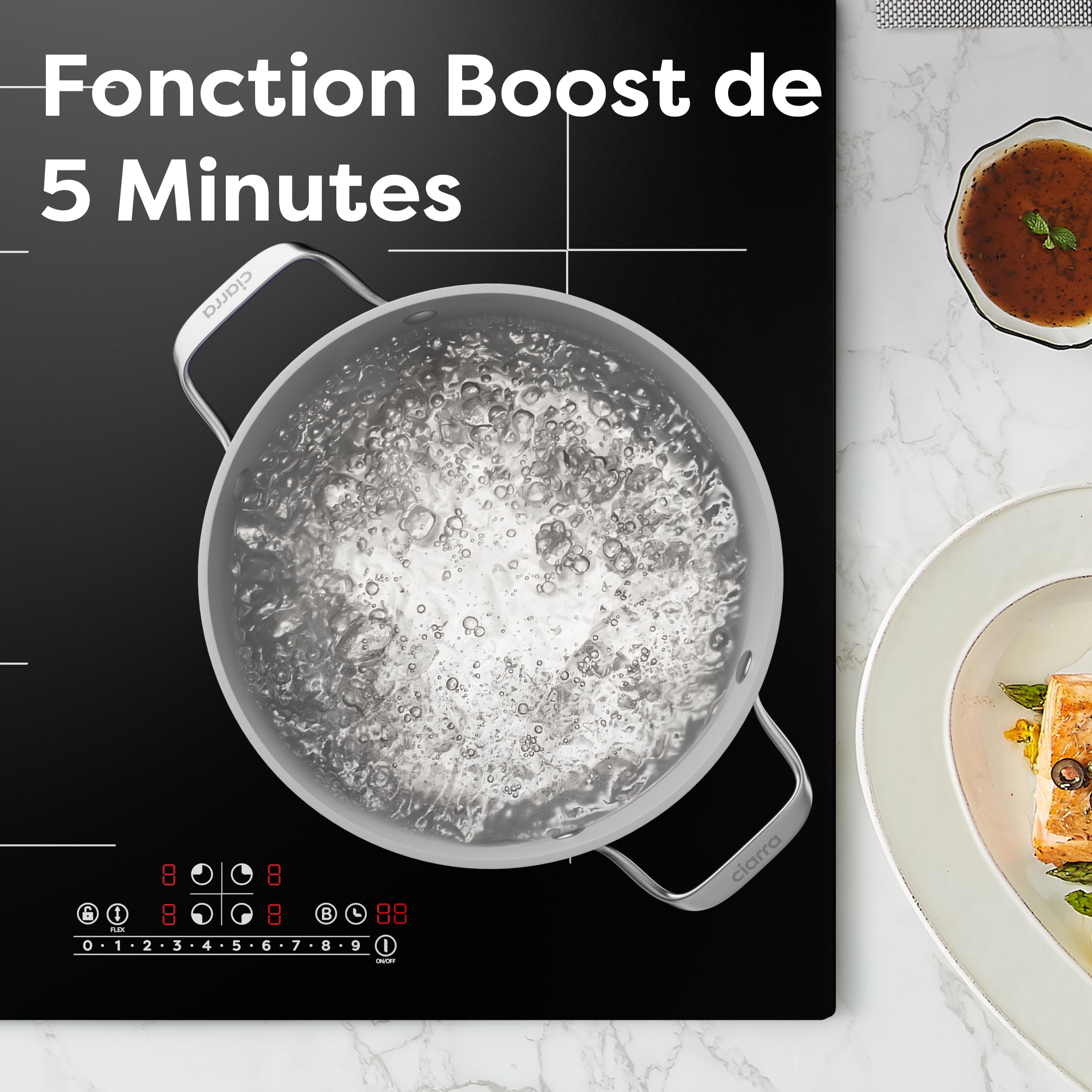 Ciarra 7200W Plaque de Cuisson à Induction 4 Feux - 1 Zone Flexible - Fonction Boost - Commande Tactile - 9 Niveaux de Puissance - Verrouillage d'enfant - Idéale cuisine familiale - Noir