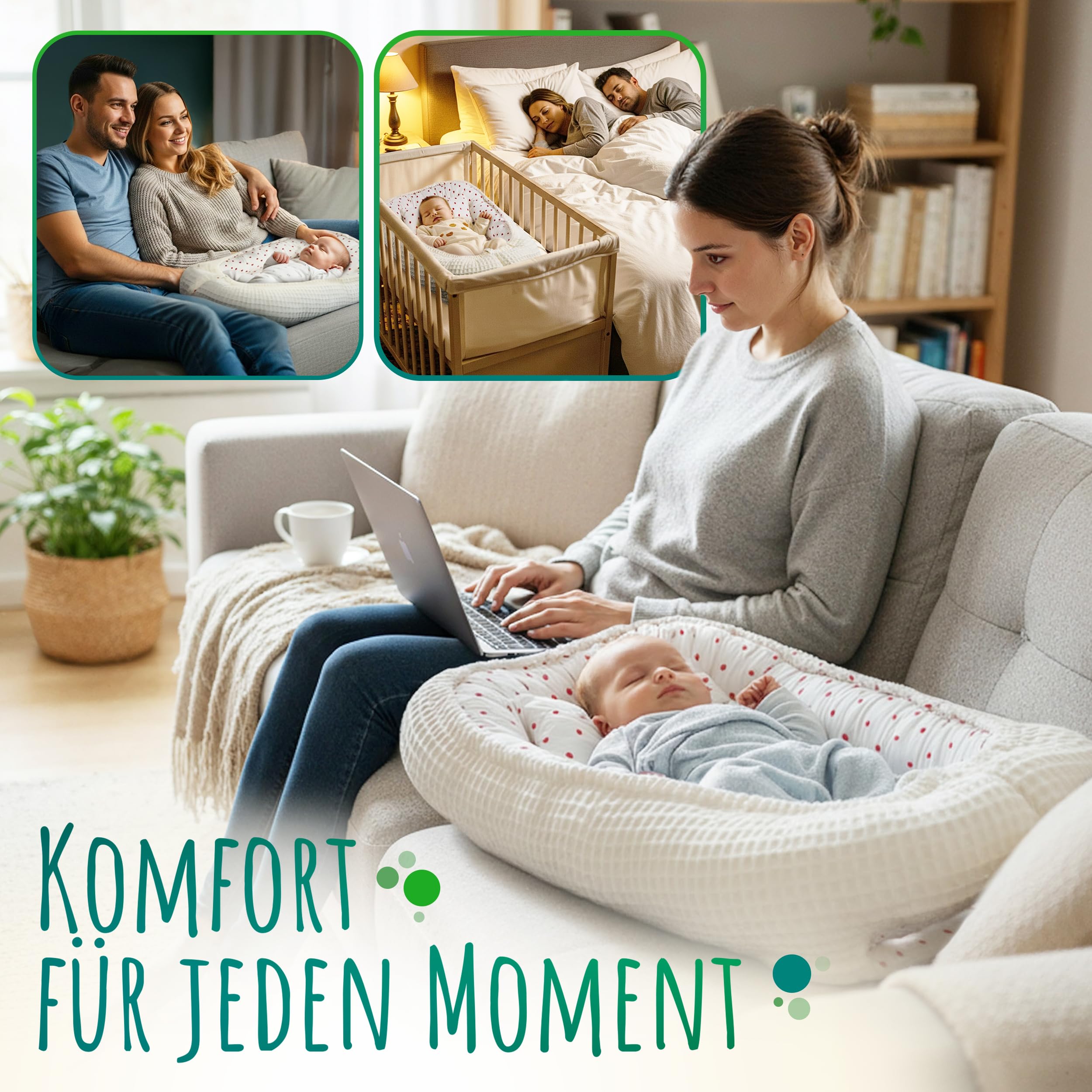 Babynest aus 100% Musselin und Piqué-Baumwolle– Maschinenwaschbares babynestchen, Oeko-TEX® Zertifiziert, Baby Kuschelnest & Reisebett für Neugeborene, zweiseitig verwendbares Nestchen