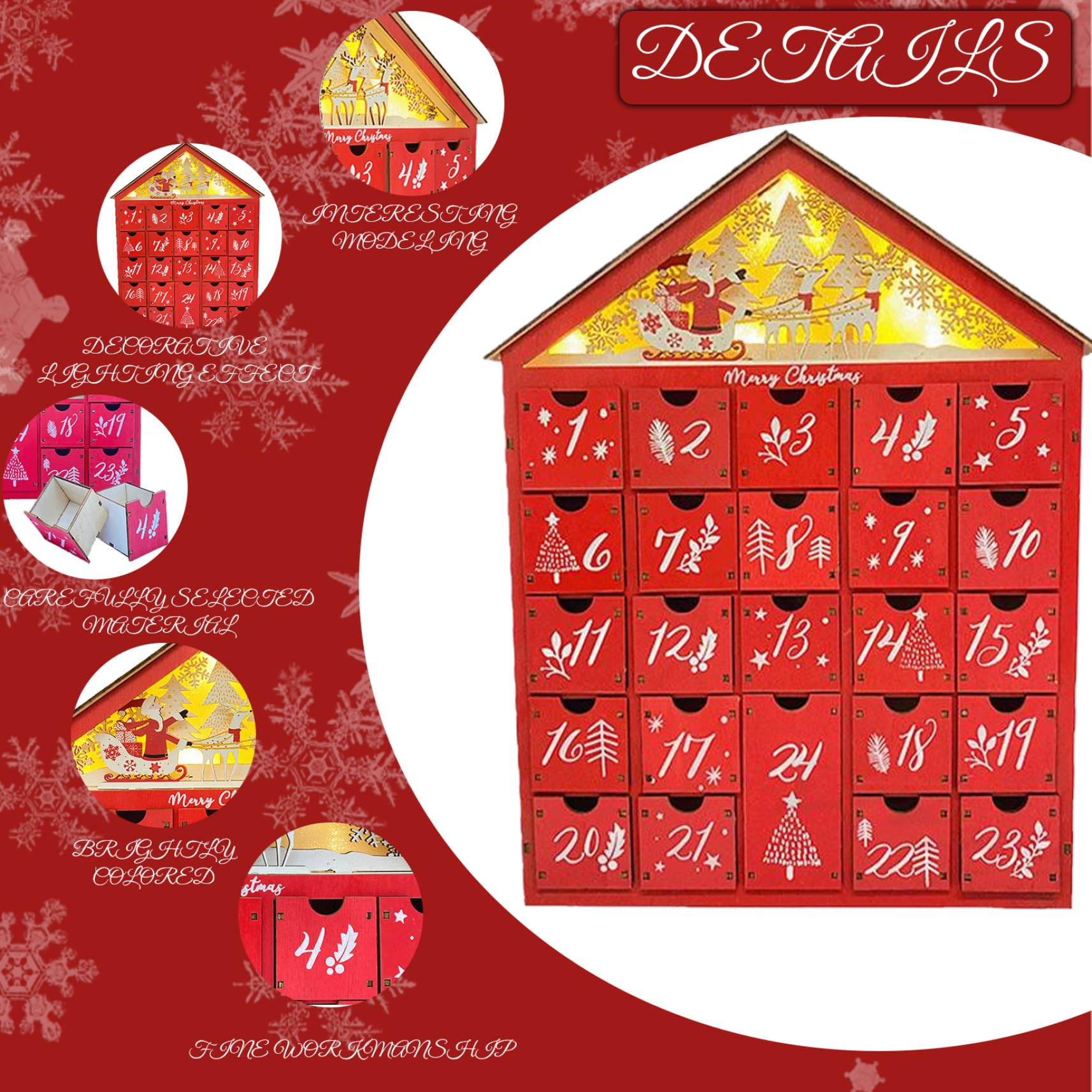 Decorazioni natalizie Calendario dell'avvento natalizio con 24 cassetti di stoccaggio calendario Avvento in legno con albero e case fai -da -te per adulti per bambini decorazioni
