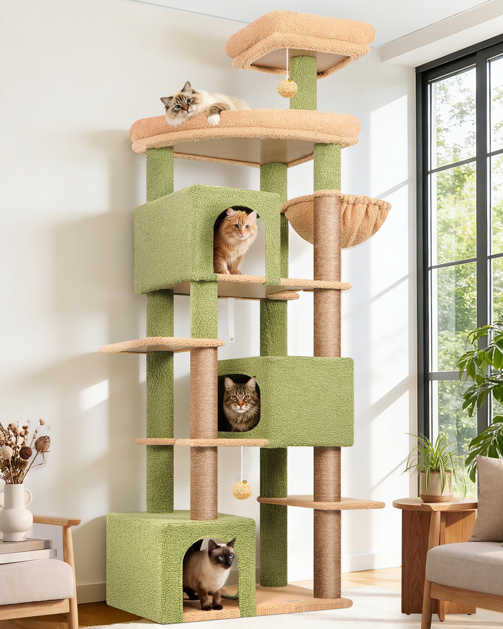 Globlazer Tiragraffi per Gatti Cactus Verde XXL Alto 203 cm con 3 Grandi Grotte 45*30*30CM, ExtraLarge Piattaforma, Cesto, Trespoli, Giocattoli, Albero Stabile per 4-6 Grandi Gatti Adulti (S80, Verde)