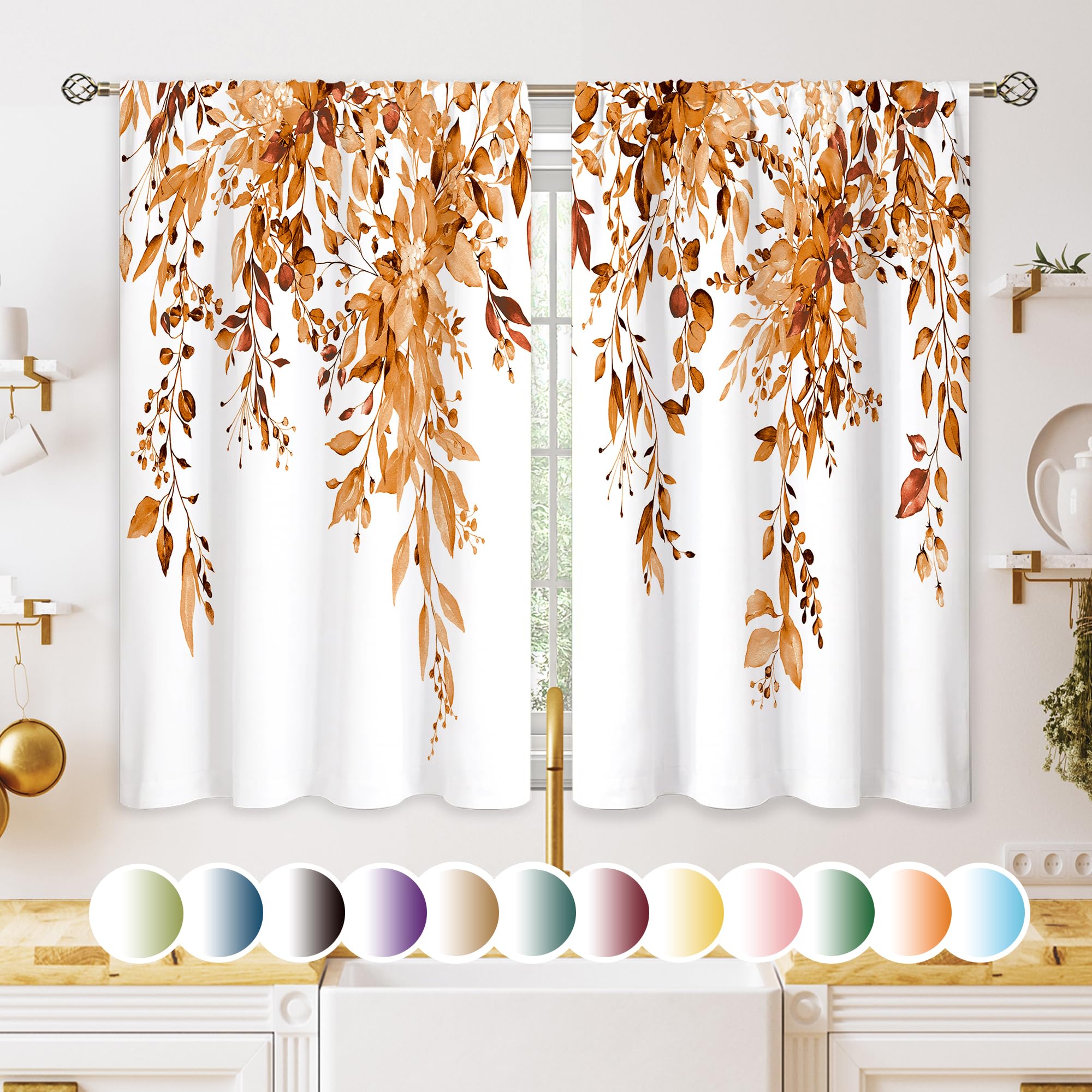 oolygoo Orange Eucalyptus Botanical Leaves Floral Kitchen Window Curtains Over Sink Farmhouse Flower Fall Small Window Treatment Cafe Short Curtains for Bathroom Treatment Tier Drapes 27.5x39 inch — image 1