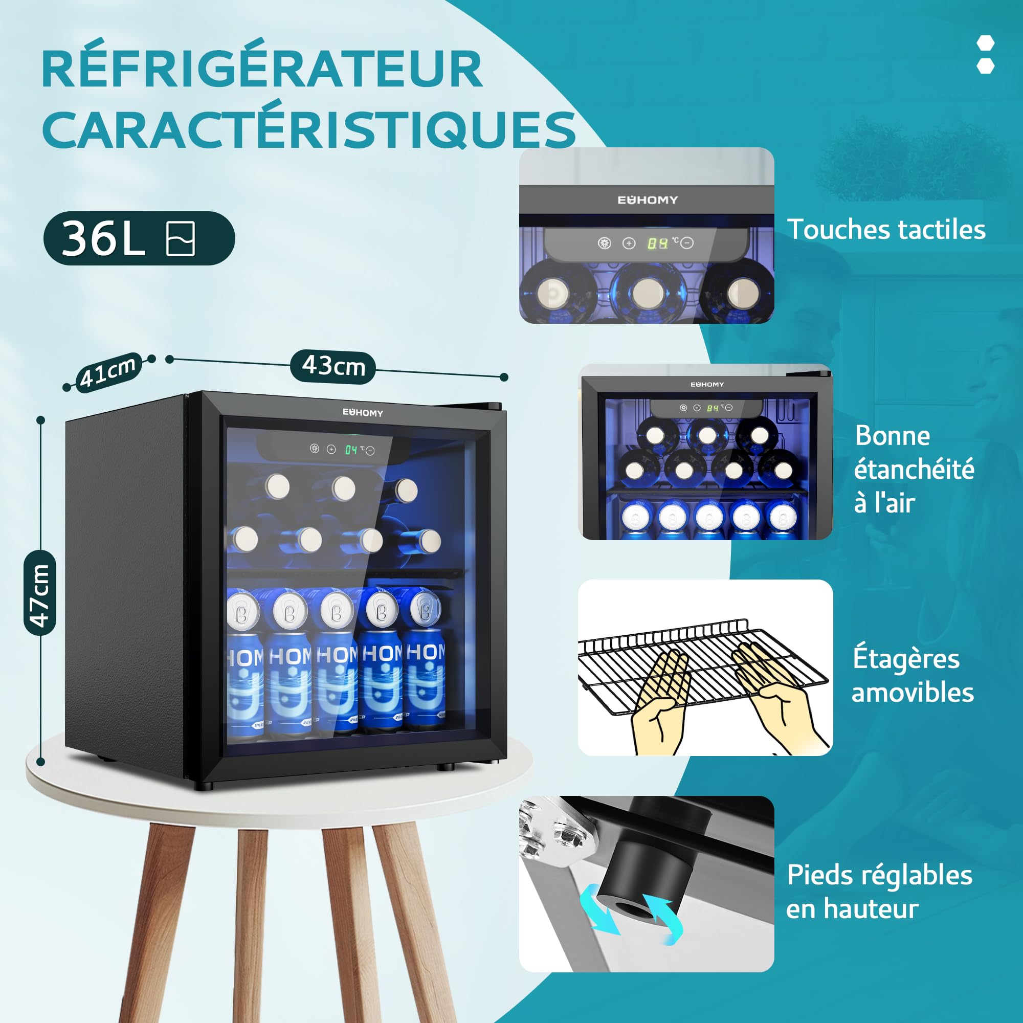 EUHOMY Réfrigérateur à Boissons 55 Canettes 36 L Silencieux 43 dB Porte Vitrée Noir
