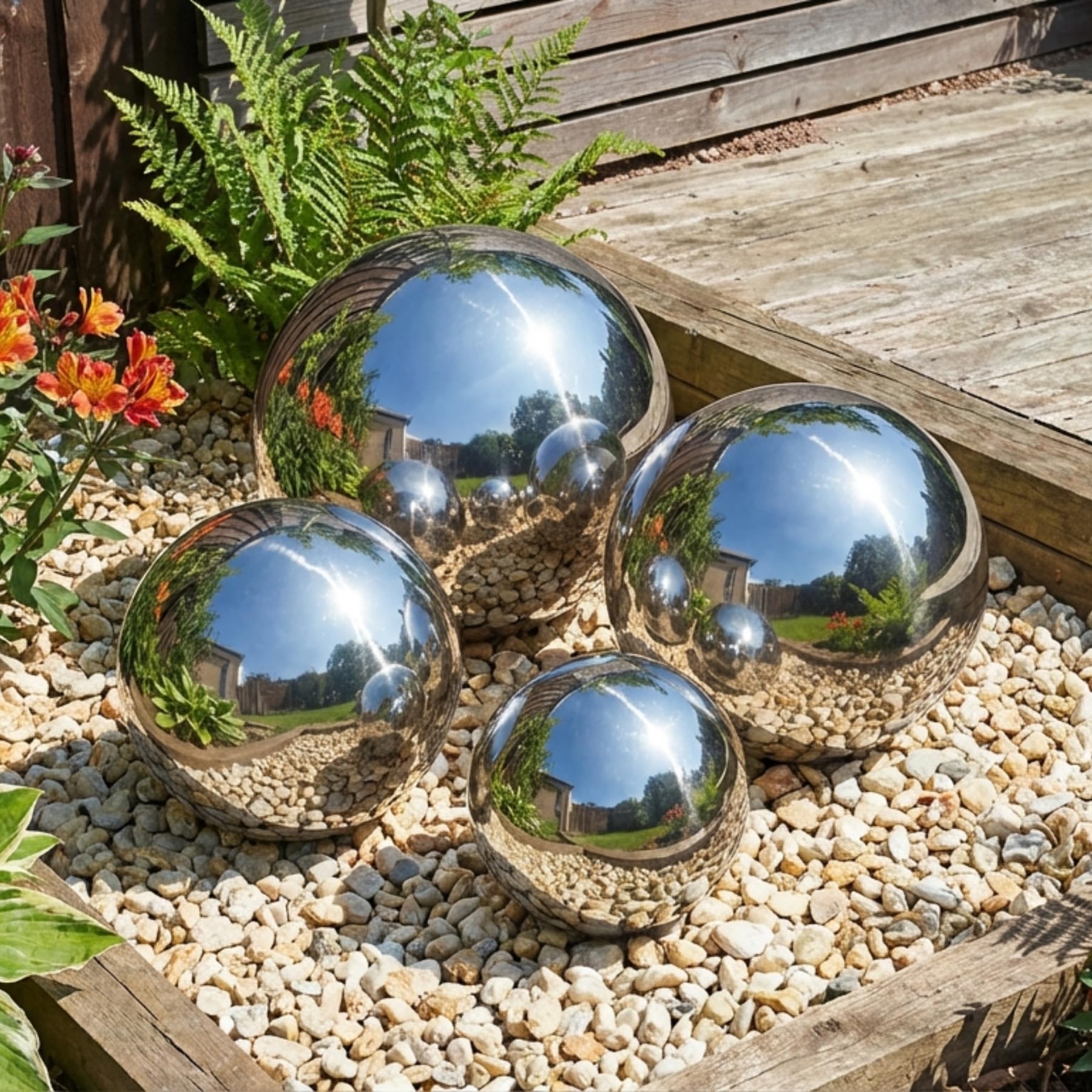 caprican Set of 4 Stainless Steel Gazing Balls – Garden Mirror Balls for Outdoor Decoration – Reflective Silver Spheres for Patio, Lawn, Pond, Yard or Indoor Use – Weatherproof