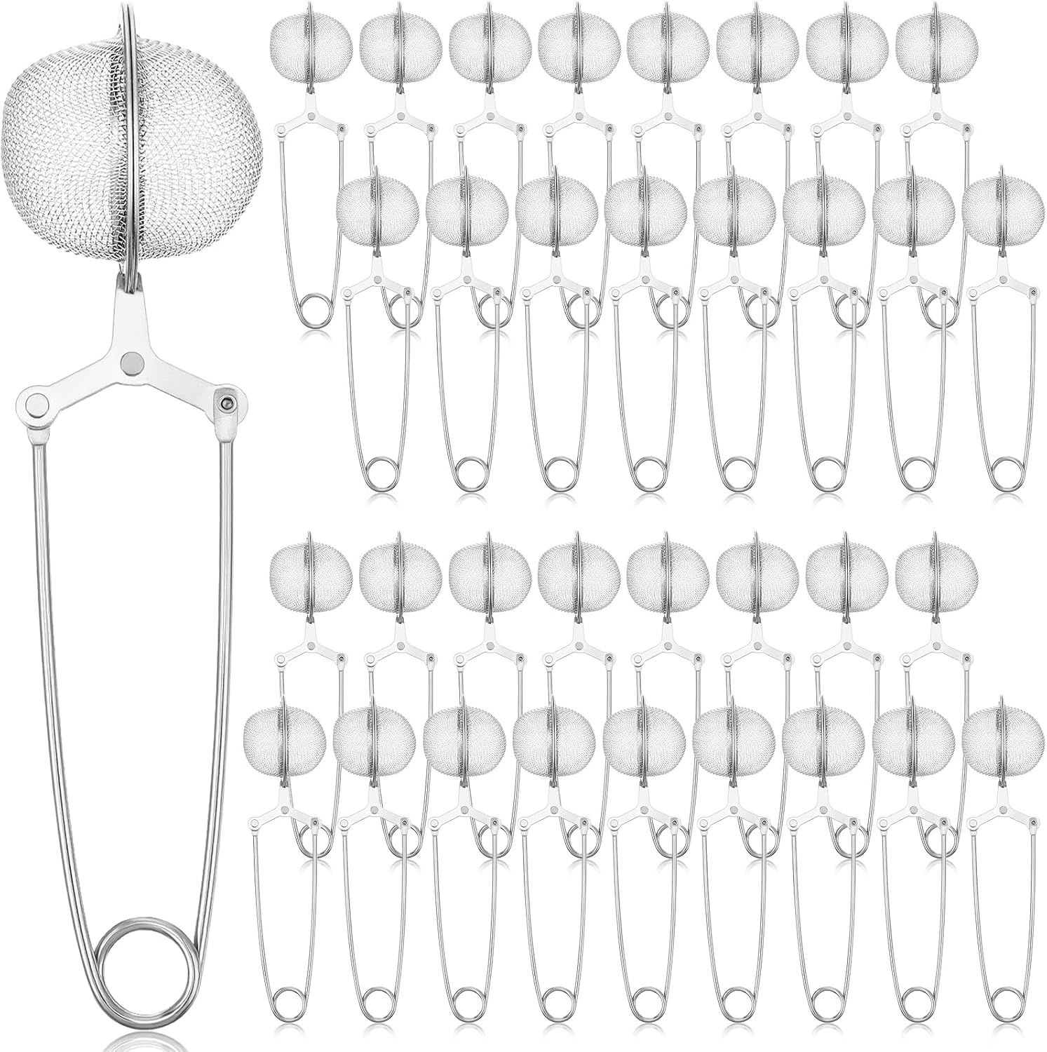30 Pcs Snap Ball Tea Strainer with Handle, Metal Stainless Steel Fine Mesh Tea Infuser Tea Steeper Strainers for Loose Leaf Tea Spices Seasonings, Reusable (Silver)