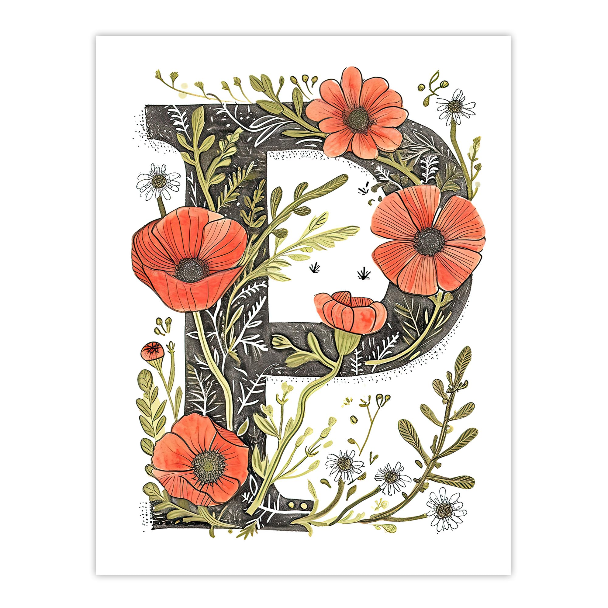 Artery8 Women's Wall Art Print - Letter P Floral Poster - W18" x H24"
