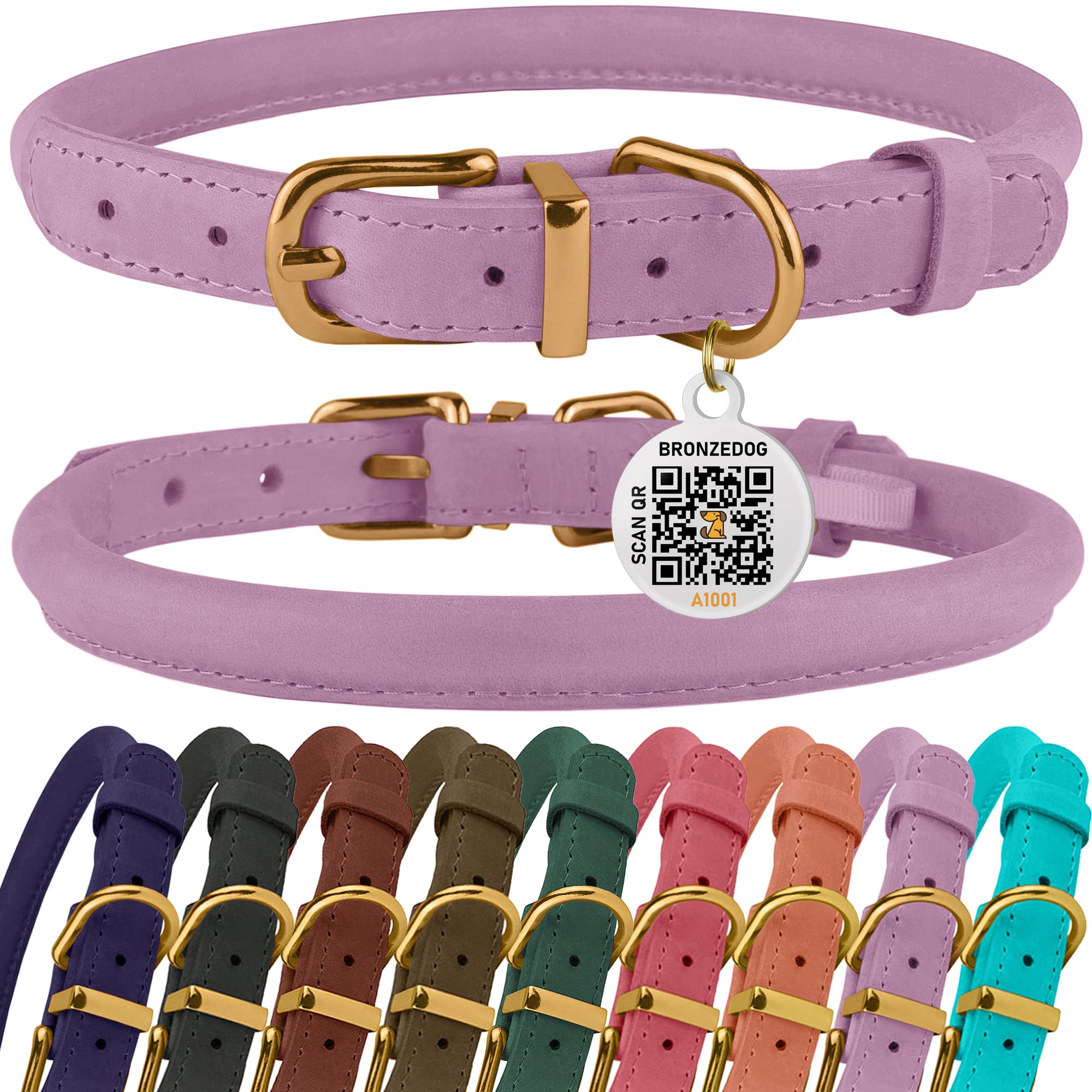 BRONZEDOGRolled Leather Dog Collar Soft Padded Round Rope Pet Collars for Dogs Puppy Cat Kitten Small Medium Large Brown (Neck Fit 15"- 17", Lavender)