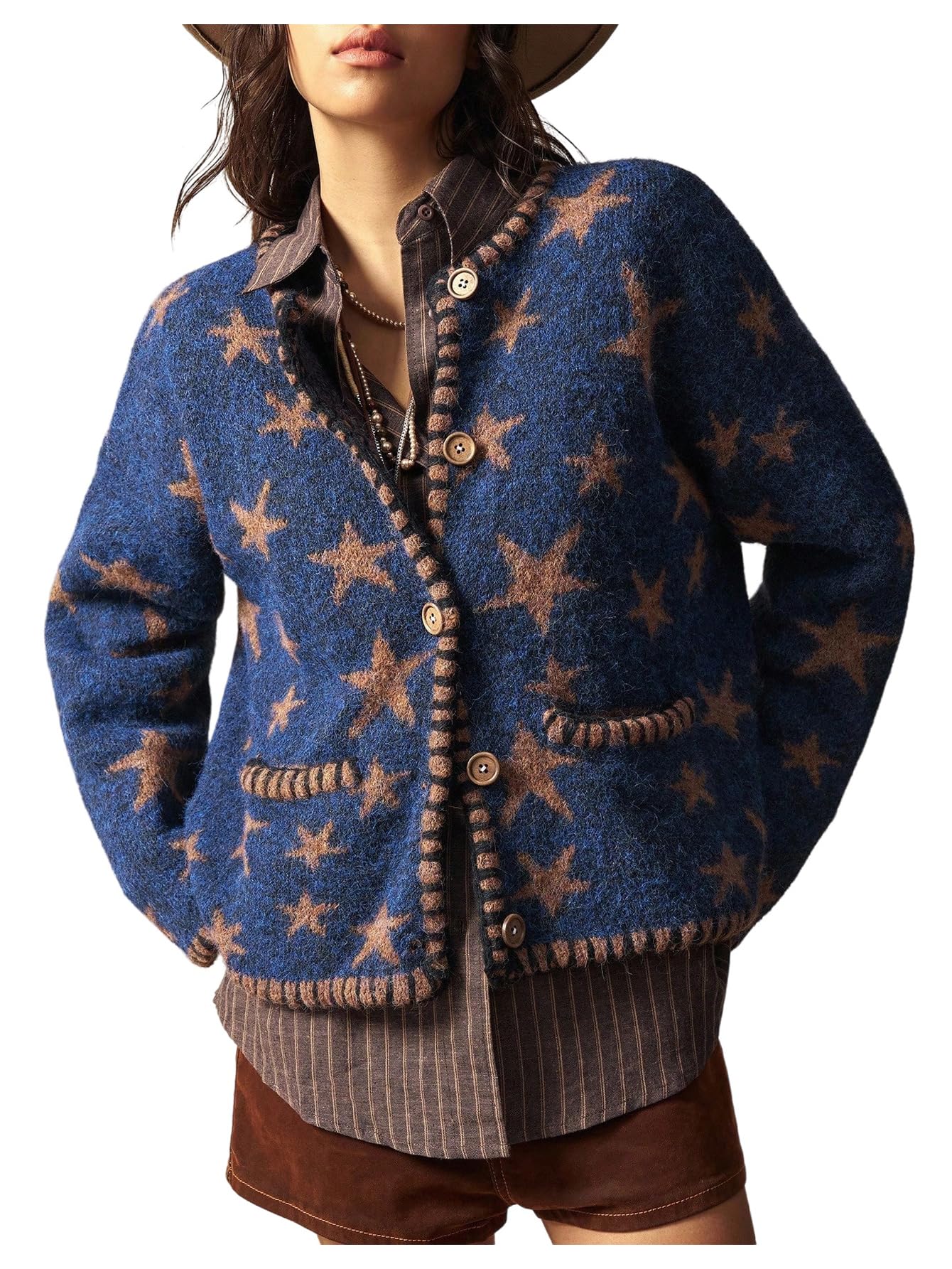 SOLY HUX Womens Button Down Cardigan Sweater Star Print Long Sleeve Crew Neck Sweaters Fall Clothes with Pockets