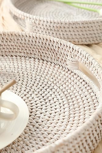 Miniatura 3 de HITOMEN Bandeja redonda tejida a mano de mimbre otomana decorativa con asas para mesa de café, desayuno, bebidas, aperitivos, pan, frutas y verduras