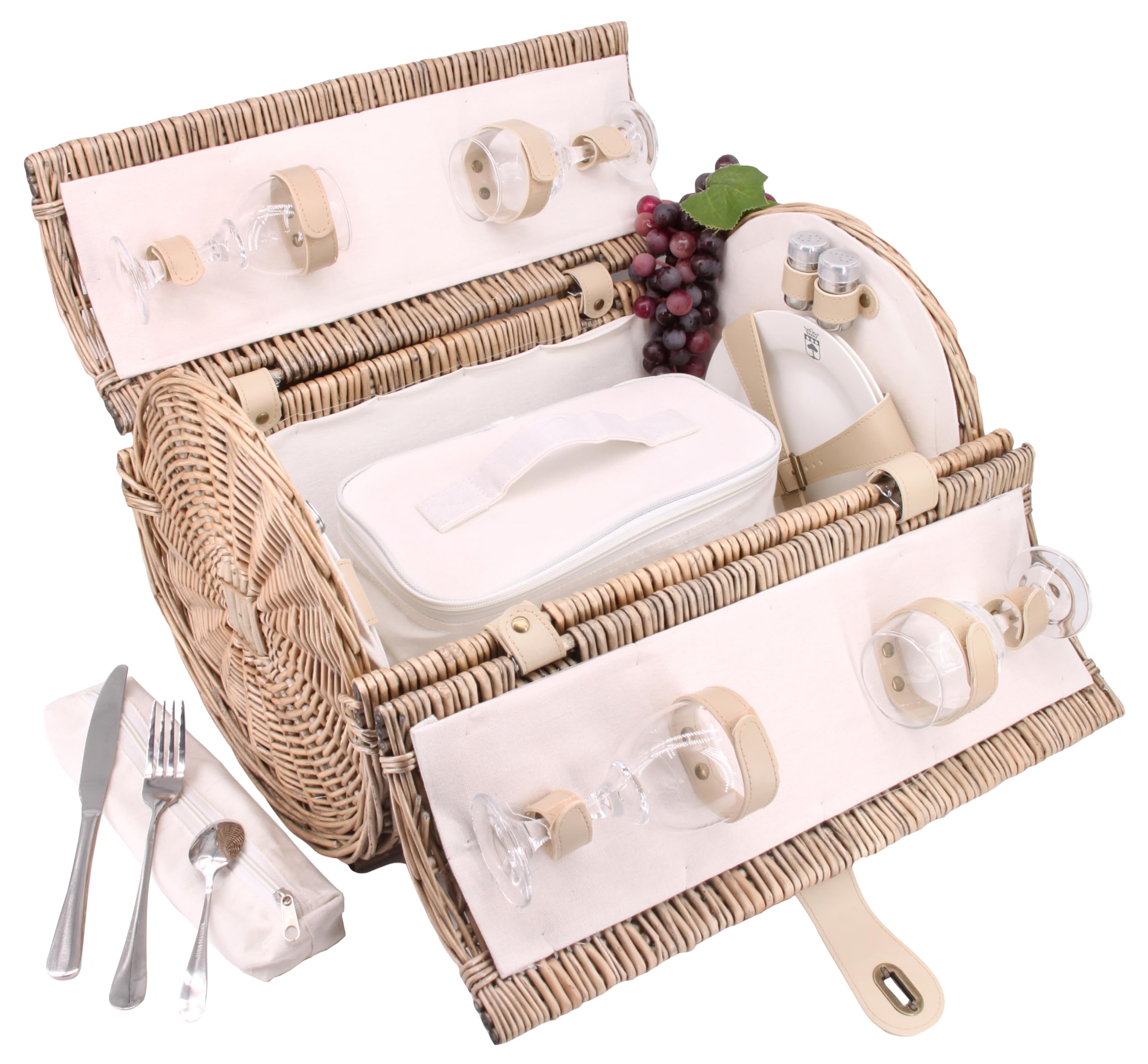 Les Jardins de la Comtesse-Cestino in vimini "Opéra" per 4 persone di colore beige, completo con scomparto isotermico amovibile - Dimensioni: 47 x 30 x 30 cm