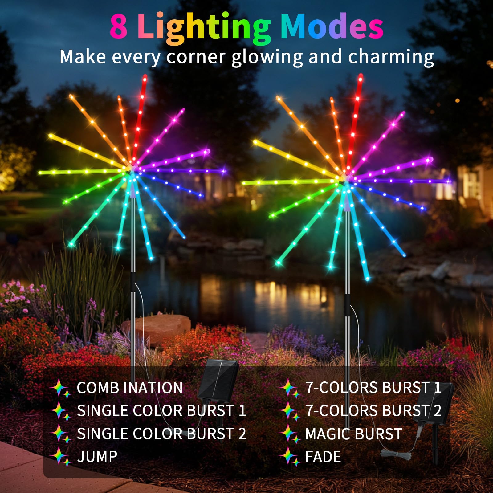 2500mAh Luci Solari da Giardino per Esterni, 9 Colori 16 Modi Fuochi d'artificio da Giardino Esterno, 2 Pz Wasserdichte Luci Solari da Giardino für den garten,Feste, Matrimoni e feste Deco