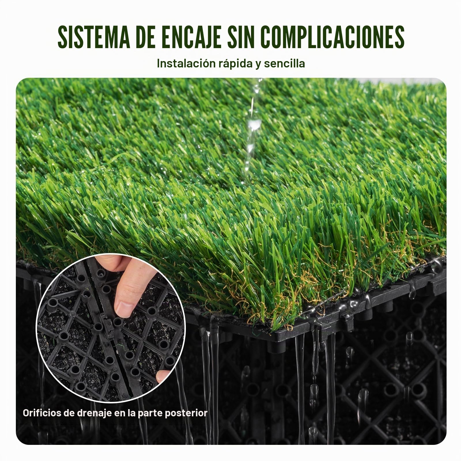 VEVOR Césped Artificial Juego de 18 Baldosas Entrelazadas para Interiores y Exteriores 31x31 cm Alfombra de Suelo Autodrenante, Hojas de Hierba 40 mm para Jardín, Parque Infantil, Decoración del Hogar