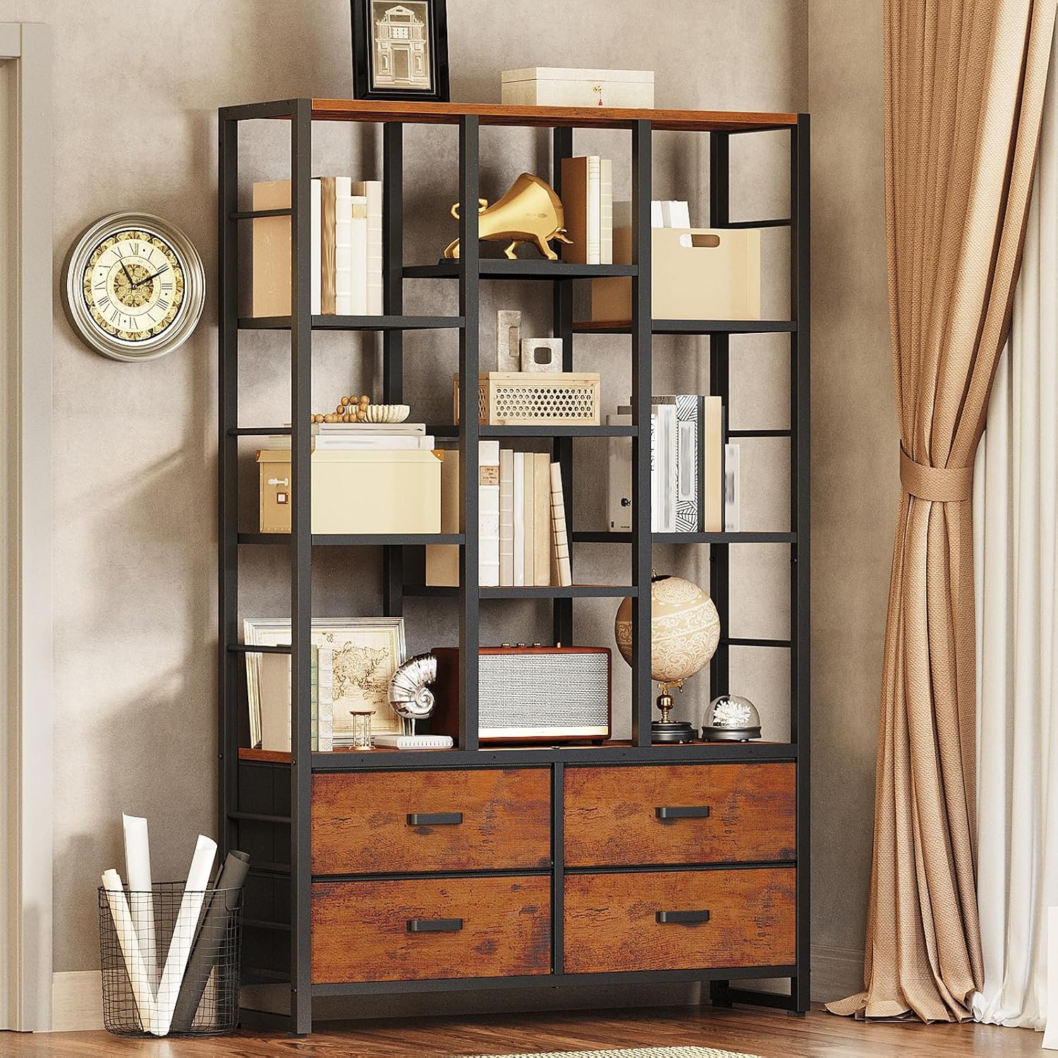 RALGEND Bookshelf with 4 Drawers Set of 2, 6-Tier Bookcase with Open Display Shelves and Protective Rails, Industrial Large Book Shelf with Storage for Home Office, Living Room, Rustic Brown and Black