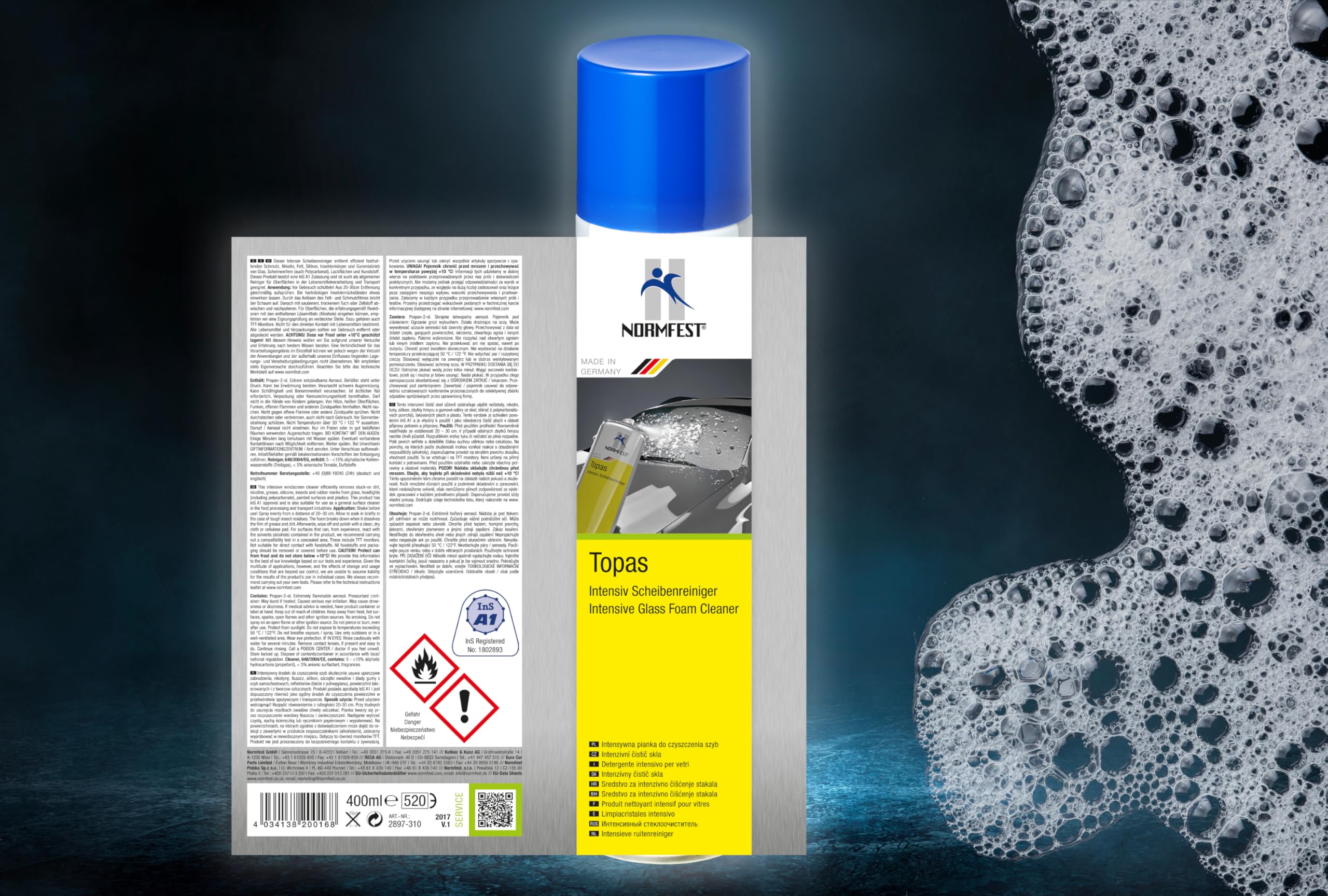 Normfest Topas Intensiv-Scheibenreiniger Schaum – haftstark, streifenfrei, gebrauchsfertig, für Glas, Spiegel und Autoscheiben, lackverträglich, ideal für Fahrzeugpflege, 24x 400 ml