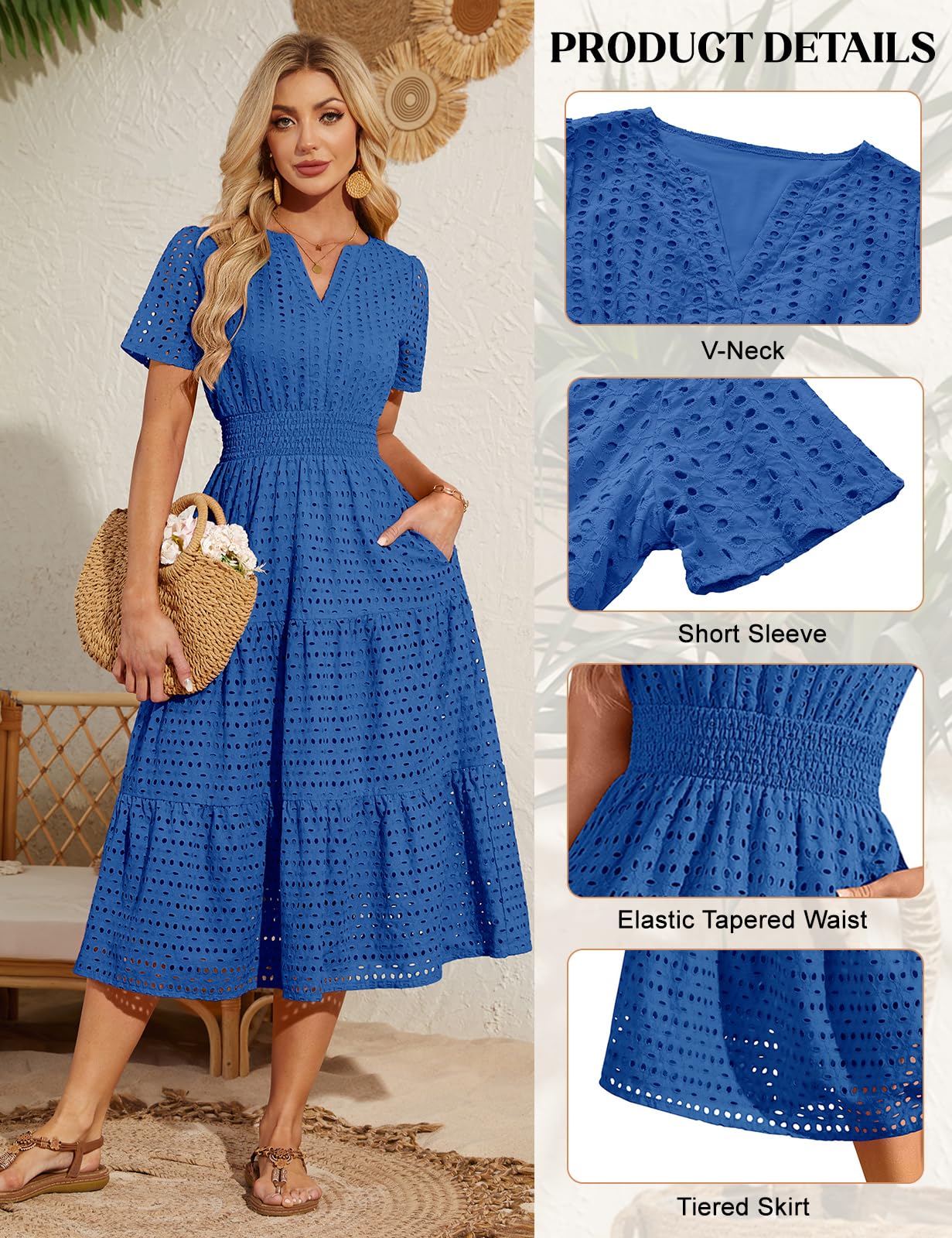 Sommerkleid Damen Lang Baumwolle Kleider Sommer V-Ausschnitt Maxikleid Leicht Luftig Freizeitkleid A-Linie Casual Kurzarm Kleid Strandkleid mit Taschen