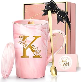 Coffee Mugs - Personalized Gifts for Women, Initial Customized Ceramic Marble Cups 14 Oz Pink, Luxury Birthday Christmas Mother's Day Gift for Her Mom Grandma Girlfriend Friend Unique,K