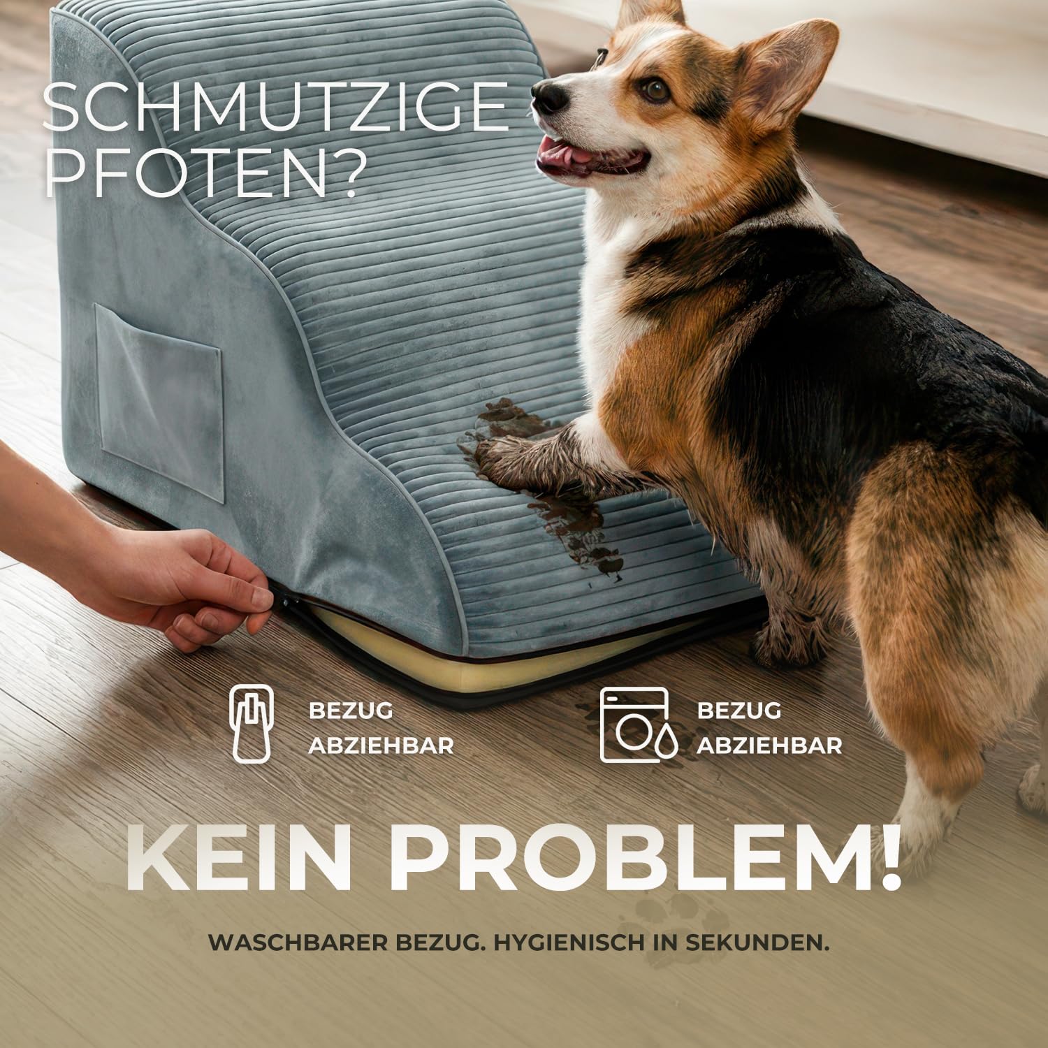 BEST JAJA Hundetreppe 3 Stufen mit Kanteneinfassung – formstabil und rutschfest, 40 cm hoch für Bett und Sofa, mit Seitentasche und Tragegriff – für kleine Hunde, Dackel und Katzen(Grau)