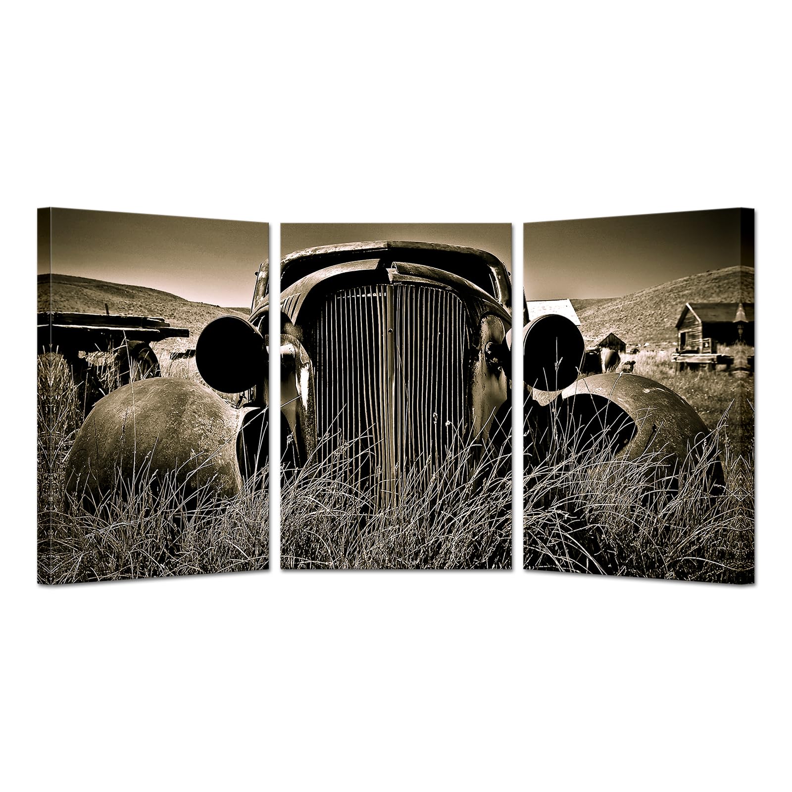 Kreative Arts3 Panel Old Truck Car in The Field Wall Decor Painting Sepia Car Wreck Pictures Art Print on Canvas Vintage Native American Decor for Home Decoration Each 16x24 Inches