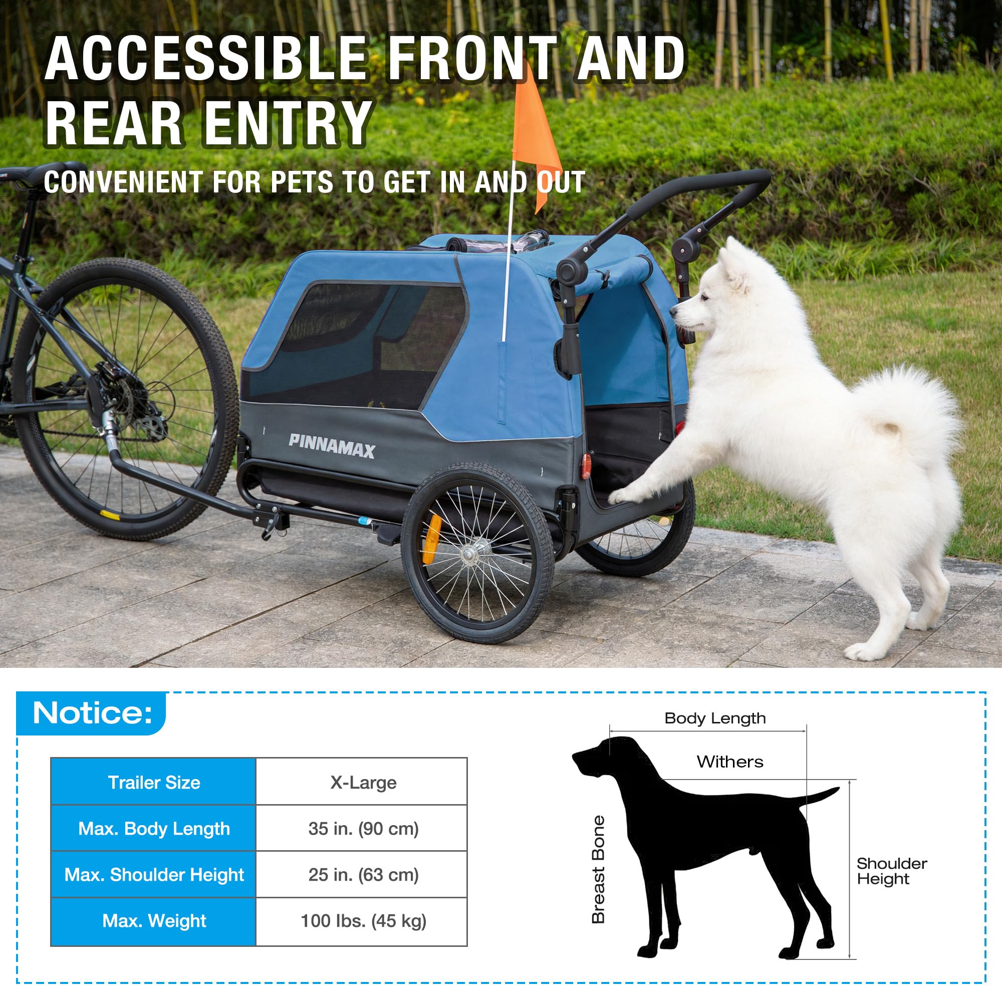 Hundeanhänger für Fahrräder – 2-in-1 Haustierbuggy, belastbar bis zu 45 kg – Fahrradanhänger für Hunde mit universeller Fahrradkupplung, rutschfestem Boden und integrierter Leine