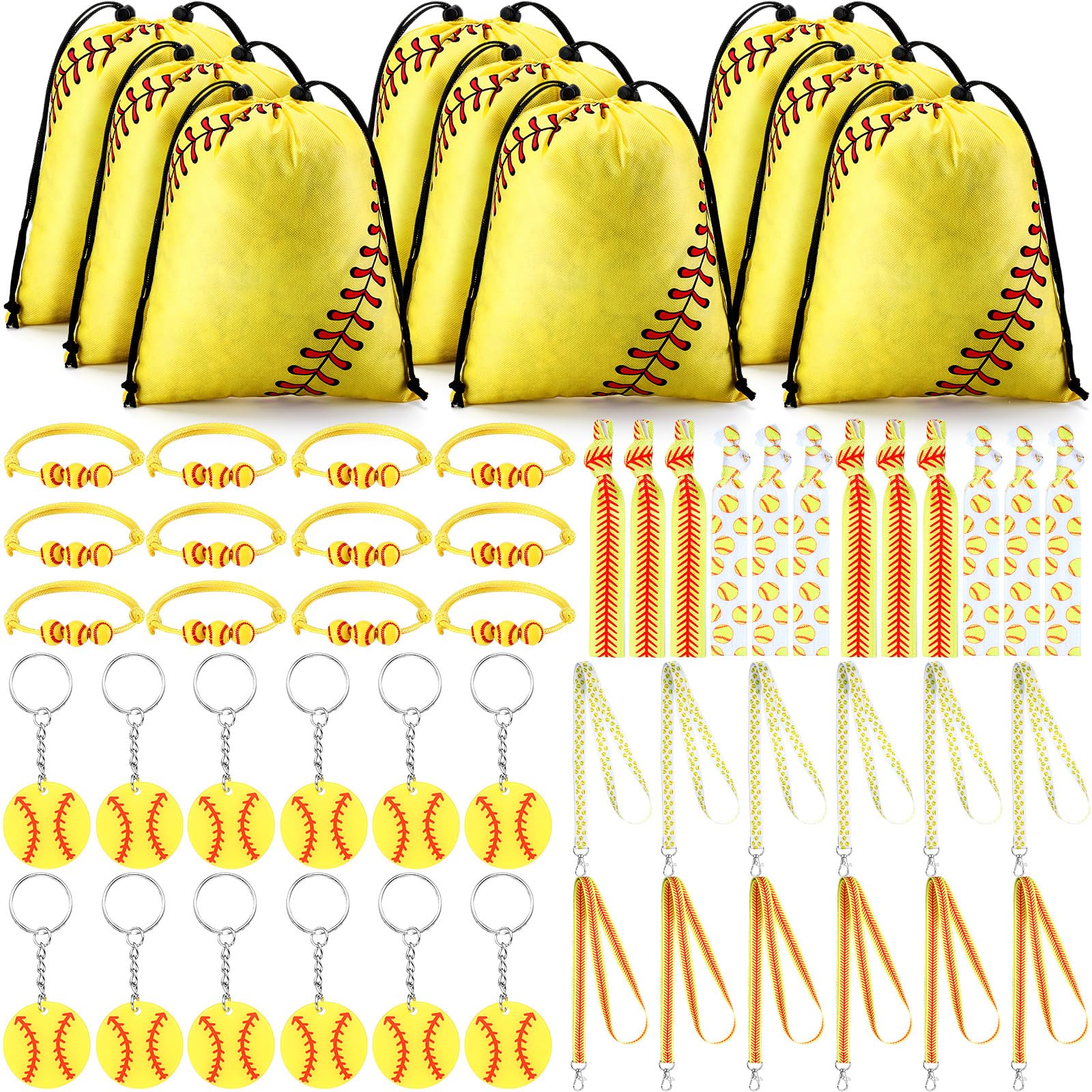 Abbylike60 Pcs Softball Party Favors Set Gifts for Girls 12 Softball Drawstring Bags 12 Hair Ties 12 Bracelets 12 Lanyards 12 Keychains for Sports Team Party Supplies