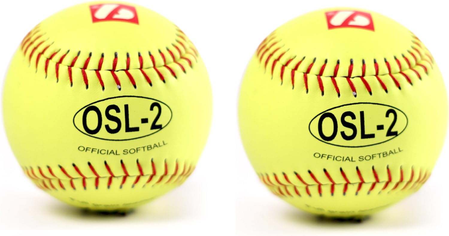 OSL-2 full grain leather neon softball ball, size 12", yellow with red stitching 2 pcs
