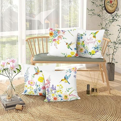 Miniatura 9 de Bonhause Juego de 4 fundas de almohada decorativas de flores de colibrí de 18 x 18 pulgadas, para sofá, jardín, patio, decoración de primavera