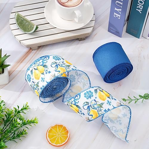 Miniatura 4 de AnyDesign - Cinta de borde con alambre de limón, 20 yardas, azulejo azul, tela de limón, cinta para manualidades de primavera, verano, baby shower,