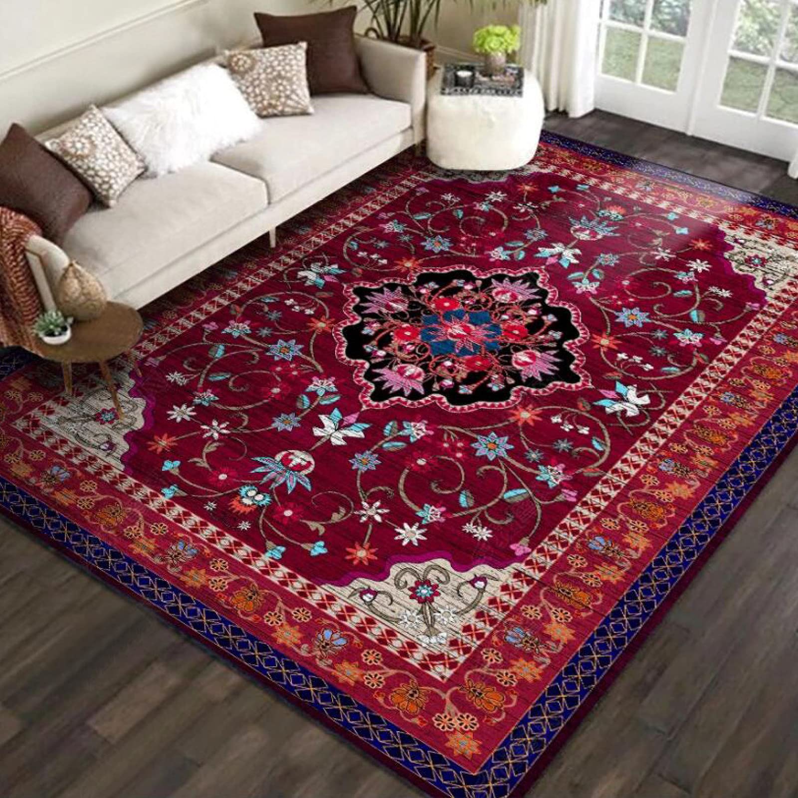 Moderner Kurzflor Designer Teppich Rot Blumen Saugfähig & Rutschfest Wohndeko für Wohnzimmer & Schlafzimmer Rectangu 150 x 200 cm