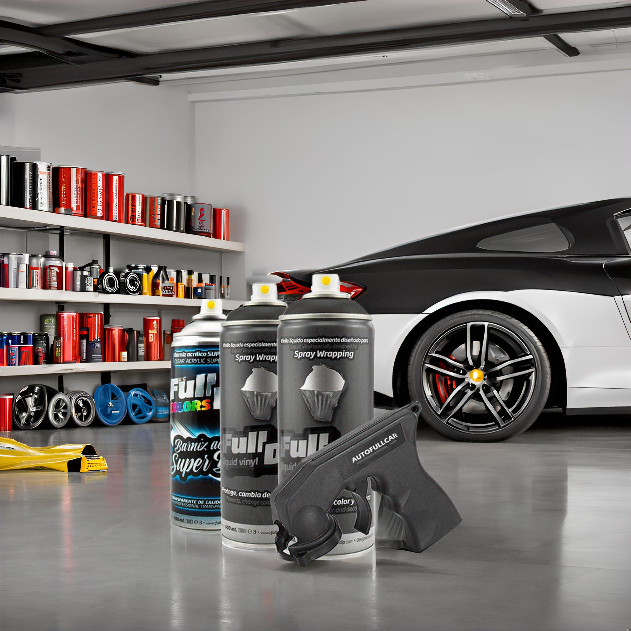 AutoFullCar - Pack 3 Sprays Full Dip Negro Brillo - 2 Sprays Negro + 1 Barniz Acabado Brillo De Acabado Resistente - 400 Ml. Unidad - wrapp