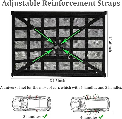 Miniatura 7 de Bolsillo de red de carga para el techo del automóvil con dos correas de hebilla adicionales, correa cruzada ajustable de 35.5 x 25.6 pulgadas, red