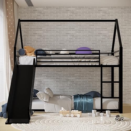 Bunk Bed with Mattress,Twin Over Twin Metal BunkBed with Slide,Metal Junior House Bunk Bedframe with 2 PCS 6 inch Mattress, Convertible Slide,Low Bunk Bed for Boys Girls (Black)