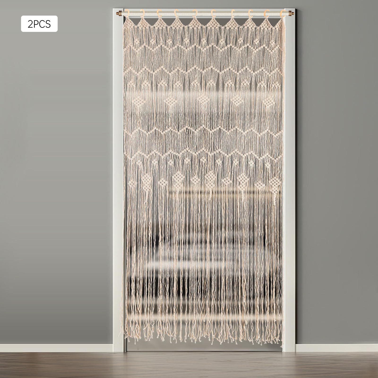 Rideaux en macramé bohème, tissés à la main, anneaux en bois, grand rideau en macramé, style bohème, à suspendre au mur ou à la fenêtre, décoration élégante pour la maison et le mariage