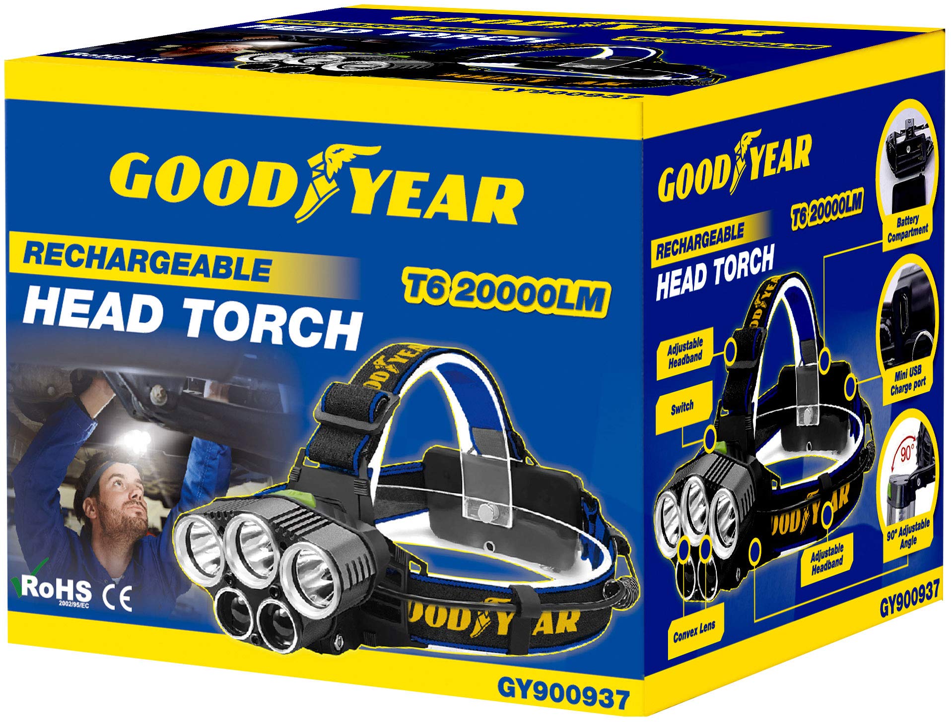 Goodyear Head Torch Lamp Headlamp Led Rechargeable Flash 20000Lm For Camping Car Repair Cycling Light
