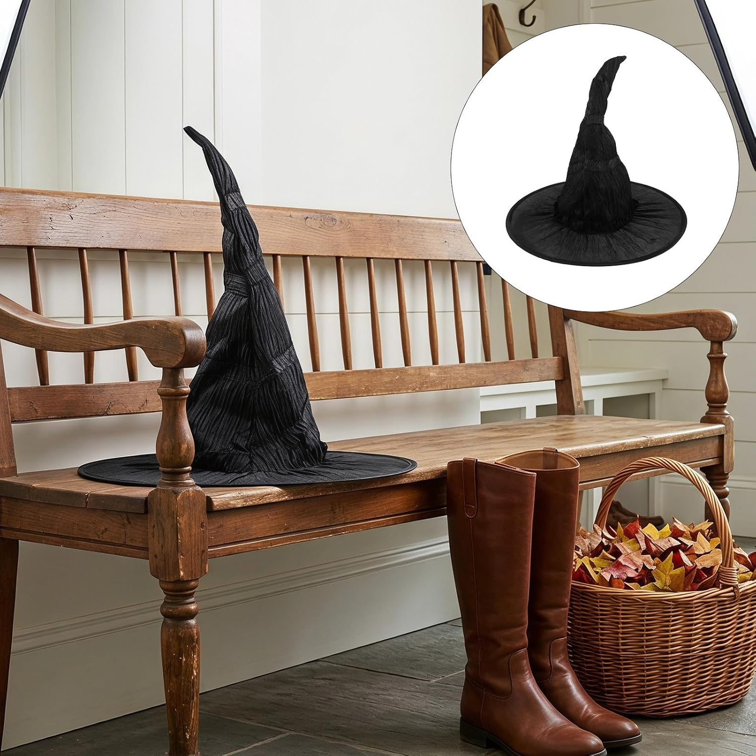 VOSAREA Halloween Black Witch Hat, Black Wizard Hat for Women, Wide Brim Wizard Cosplay Cap, Halloween Costume Accessories, Outdoor Party Decoration