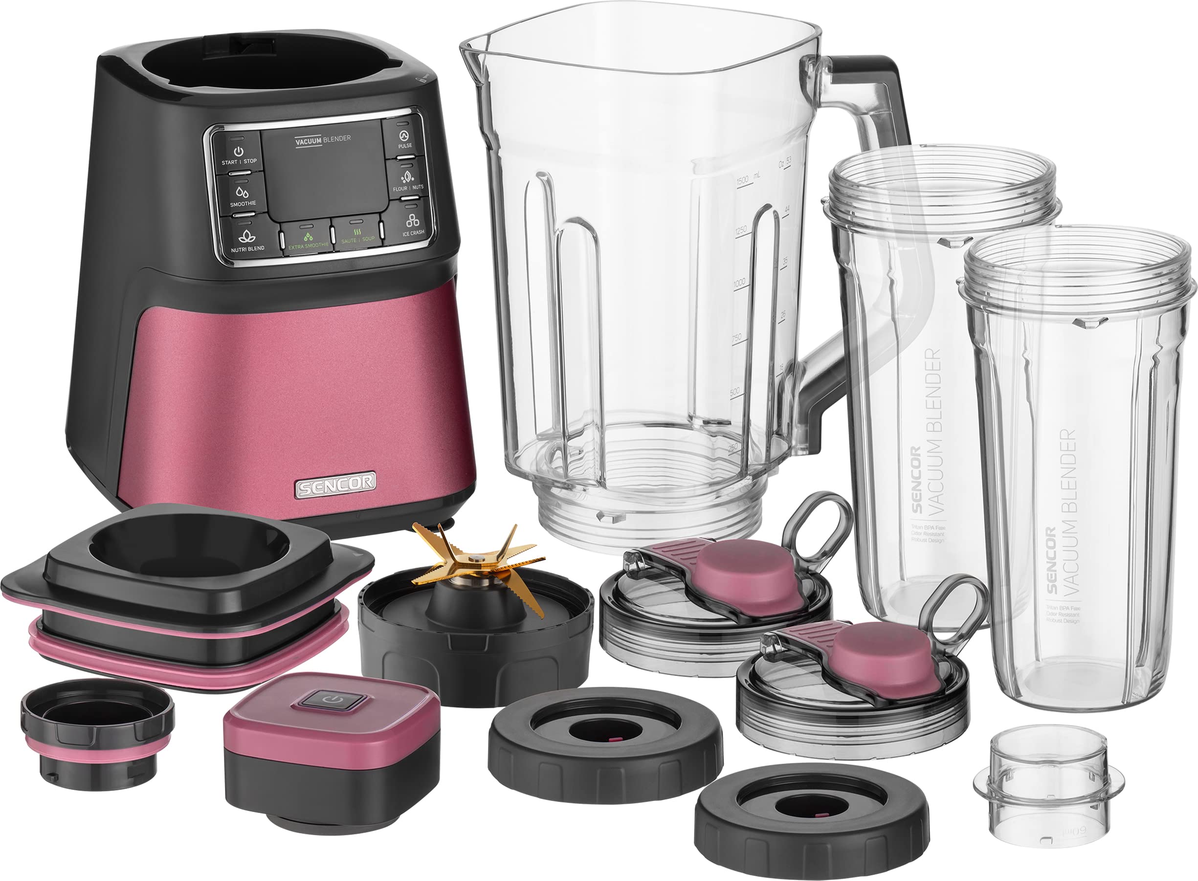 SENCOR 7875RS SBU 7874RD Super Mixeur automatique sous vide 1500 W Smoothie, 8 lames en titane, 7 programmes, rose, plastique